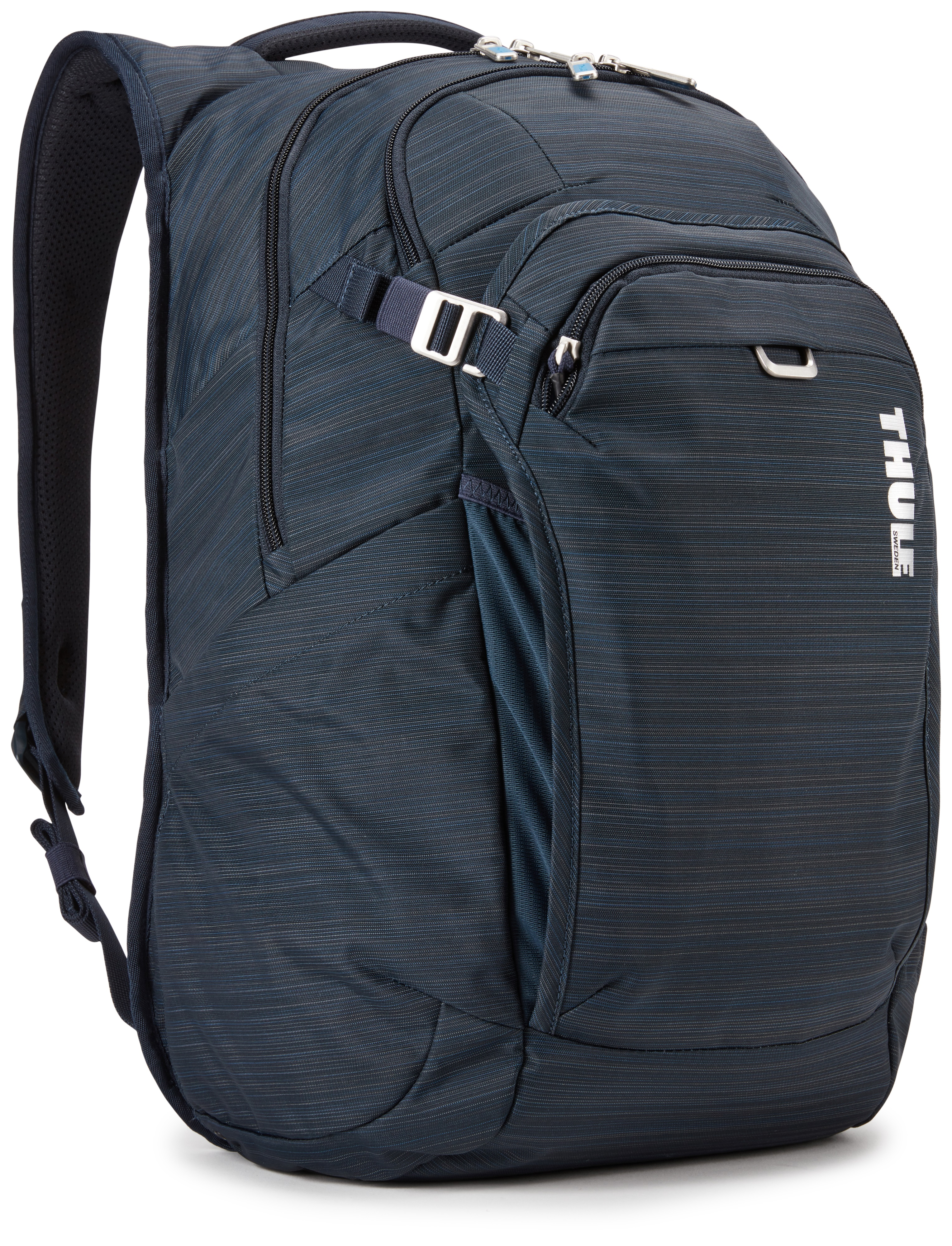 Ein marineblauer Thule-Rucksack mit mehreren Fächern und einem Thule-Logo auf weißem Hintergrund.