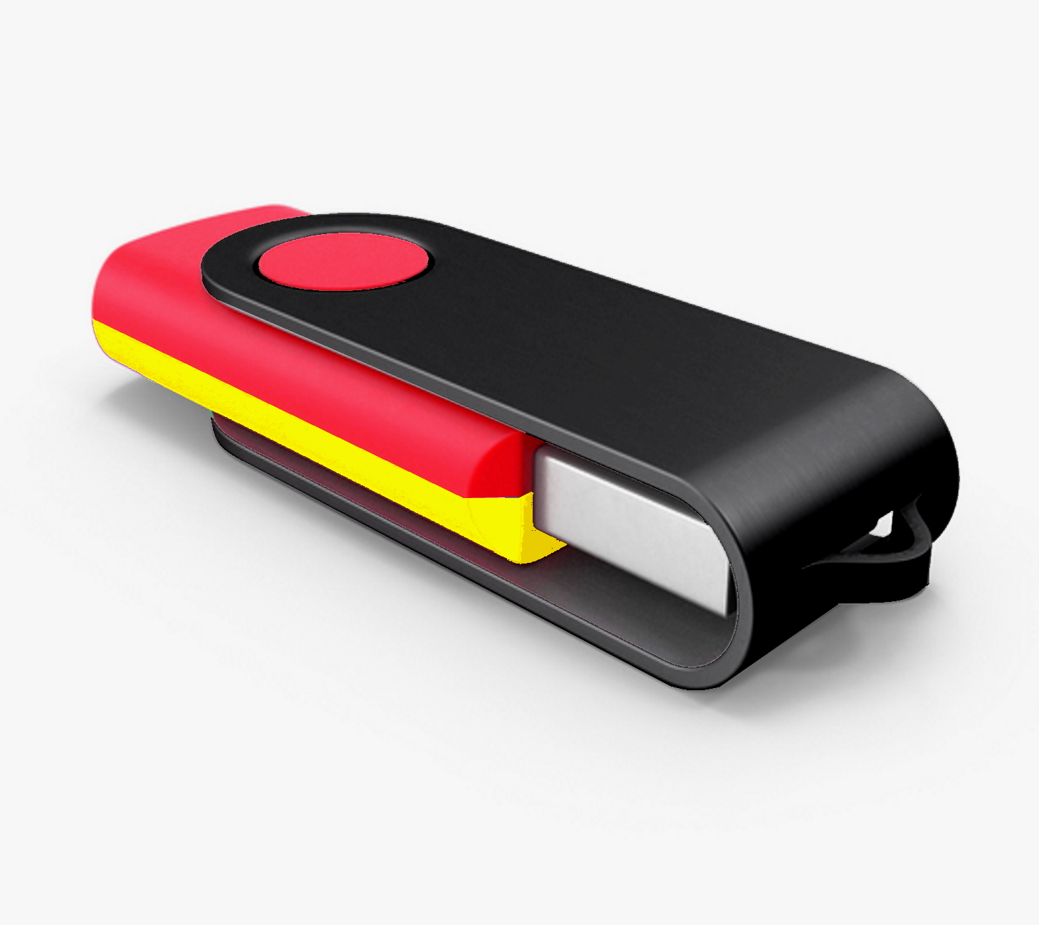 USB-Stick mit rotem Oberteil und gelber Seite, schwarzem Körper. Deutsche Flaggenfarben.