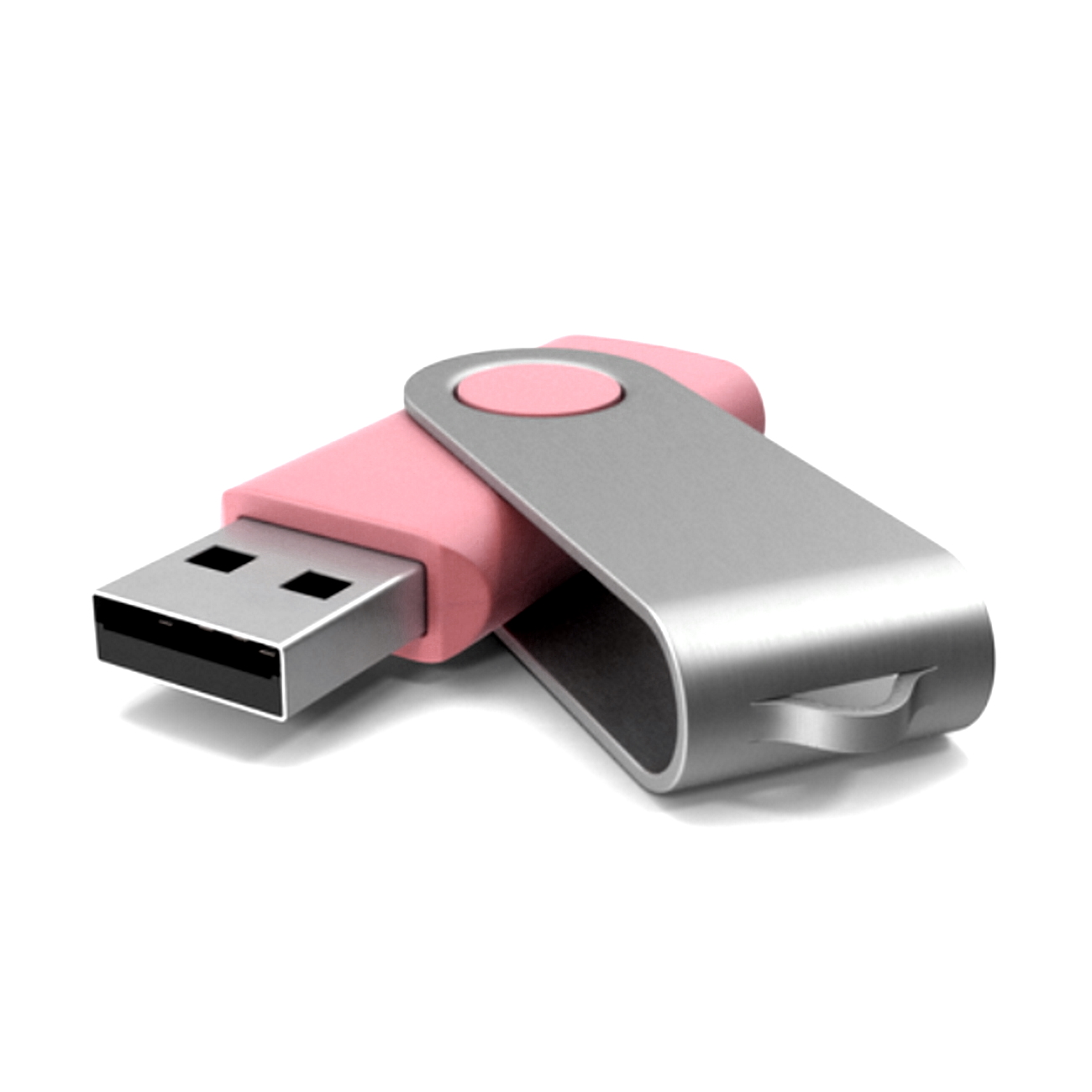 Rosa-silberner USB-Stick mit Schiebeabdeckung. Auf weißem Hintergrund.