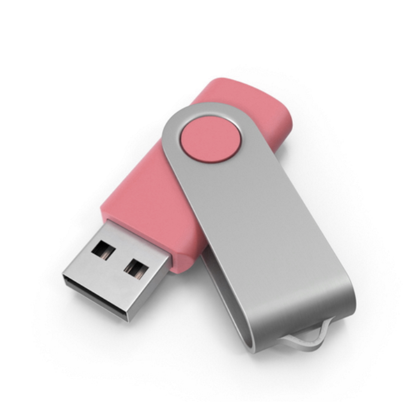 Rosa und silberner USB-Stick auf weißem Hintergrund.
