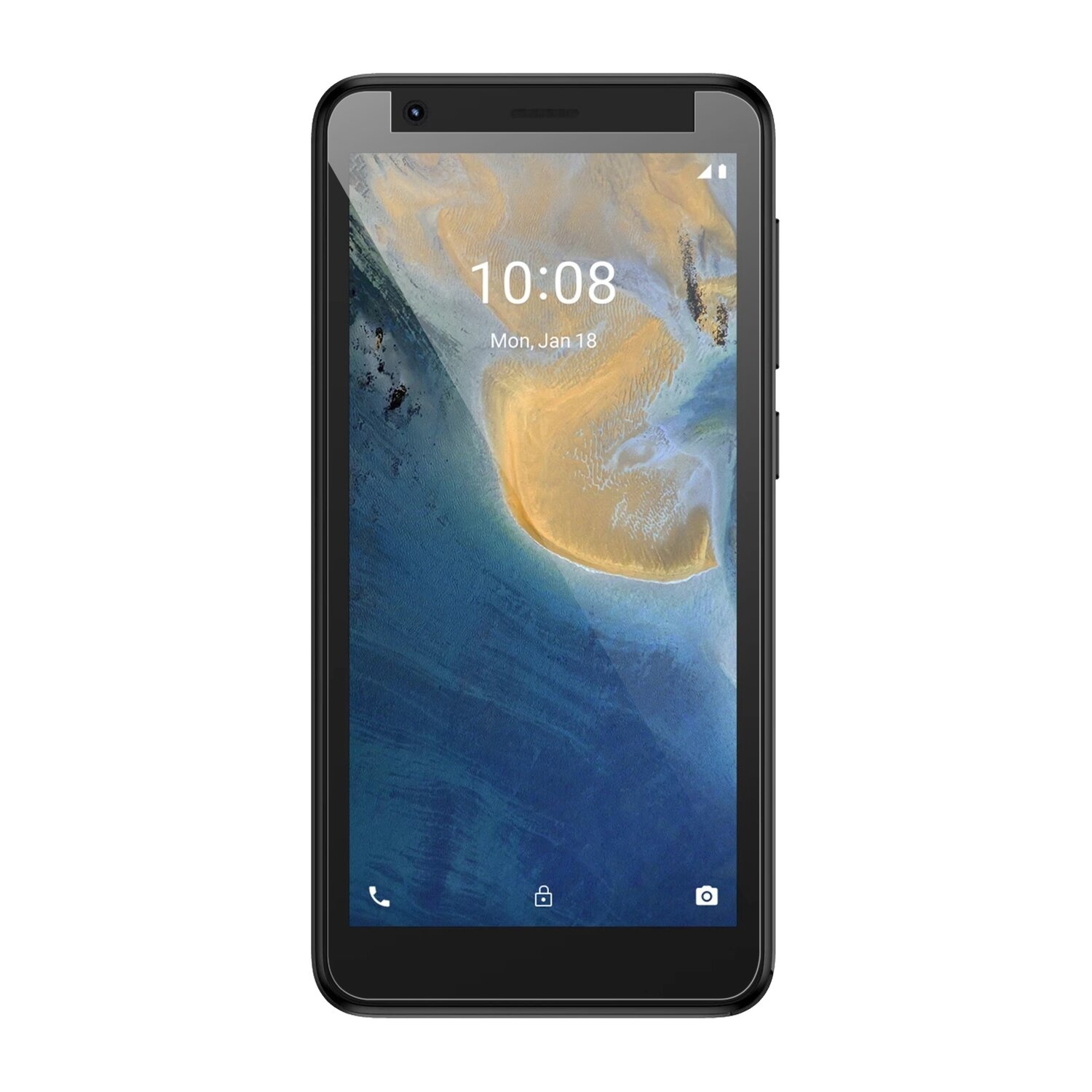 Ein schwarzes Smartphone, das die Uhrzeit 10:08 am 18. Januar anzeigt, mit hellem Bildschirm.