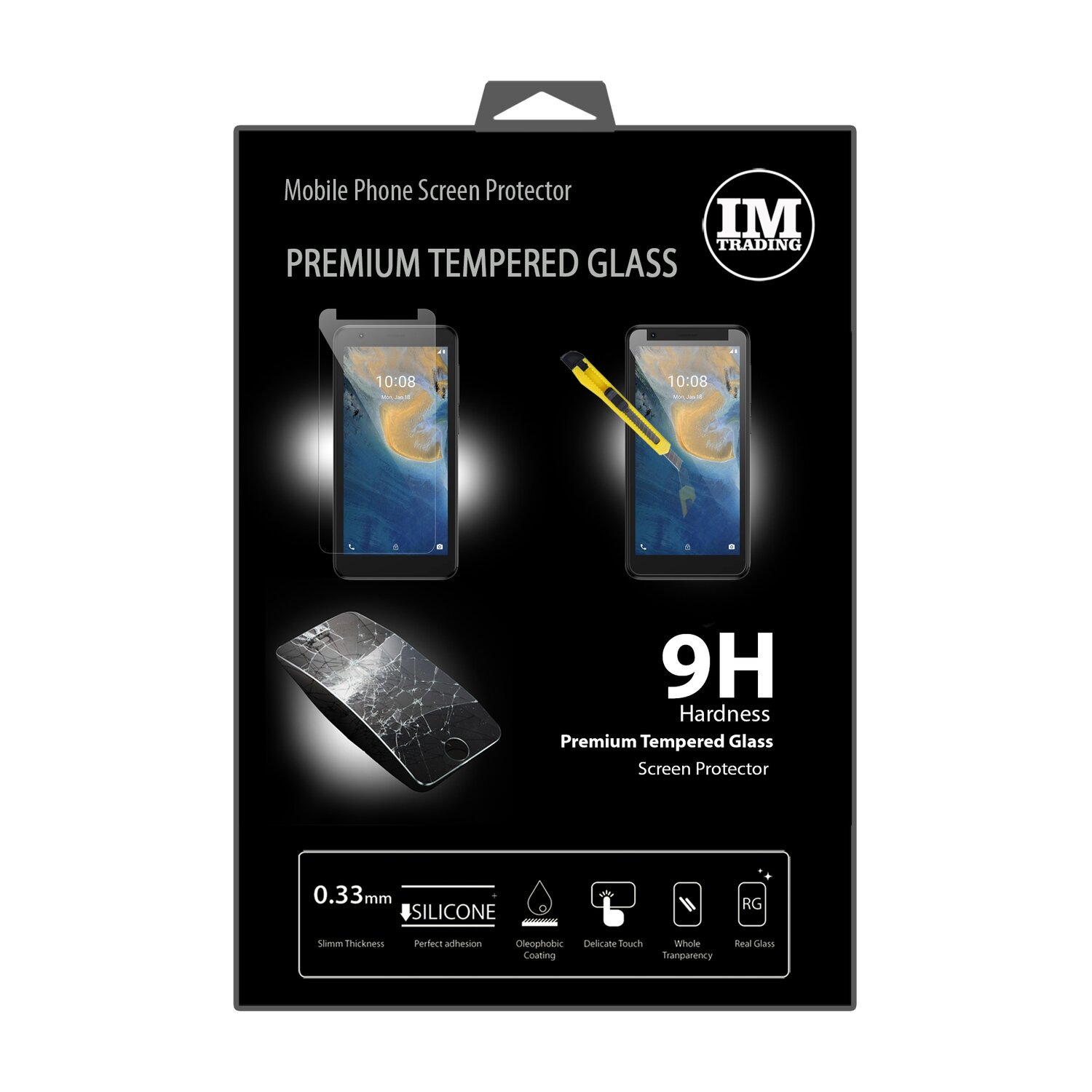 Schwarze Box mit Displayschutzfolie aus gehärtetem Glas und Anzeige-Bildern. Text: Premium Tempered Glass und 9H Härte.