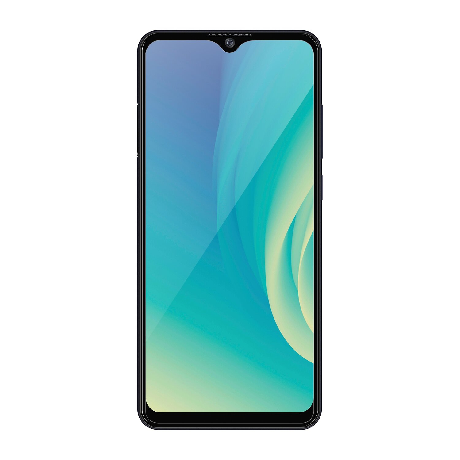 Schwarzes Smartphone mit blau-grünem Farbverlauf auf dem Bildschirm.