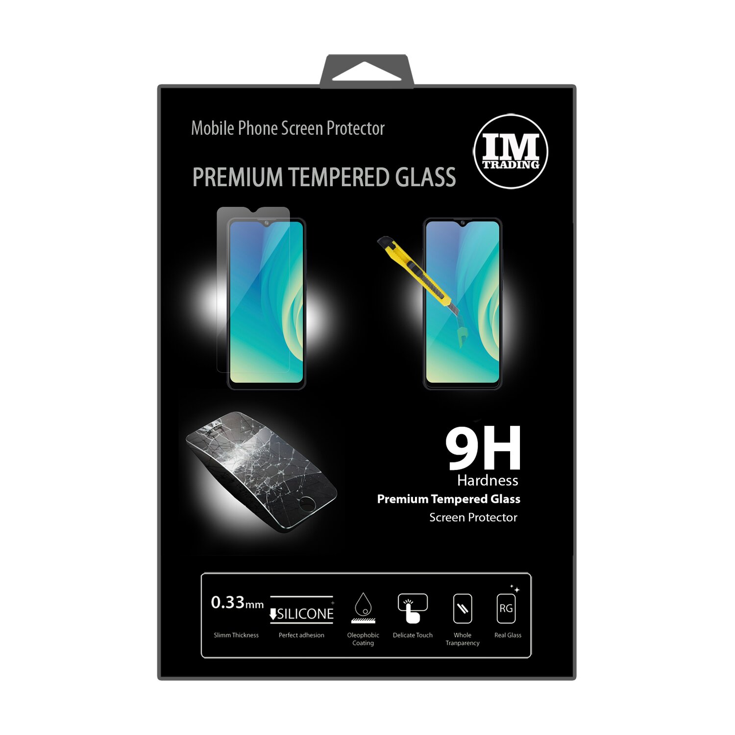 Eine Displayschutzfolien-Verpackung mit zwei Schutzfolien, einem Telefon und einem gelben Cutter.