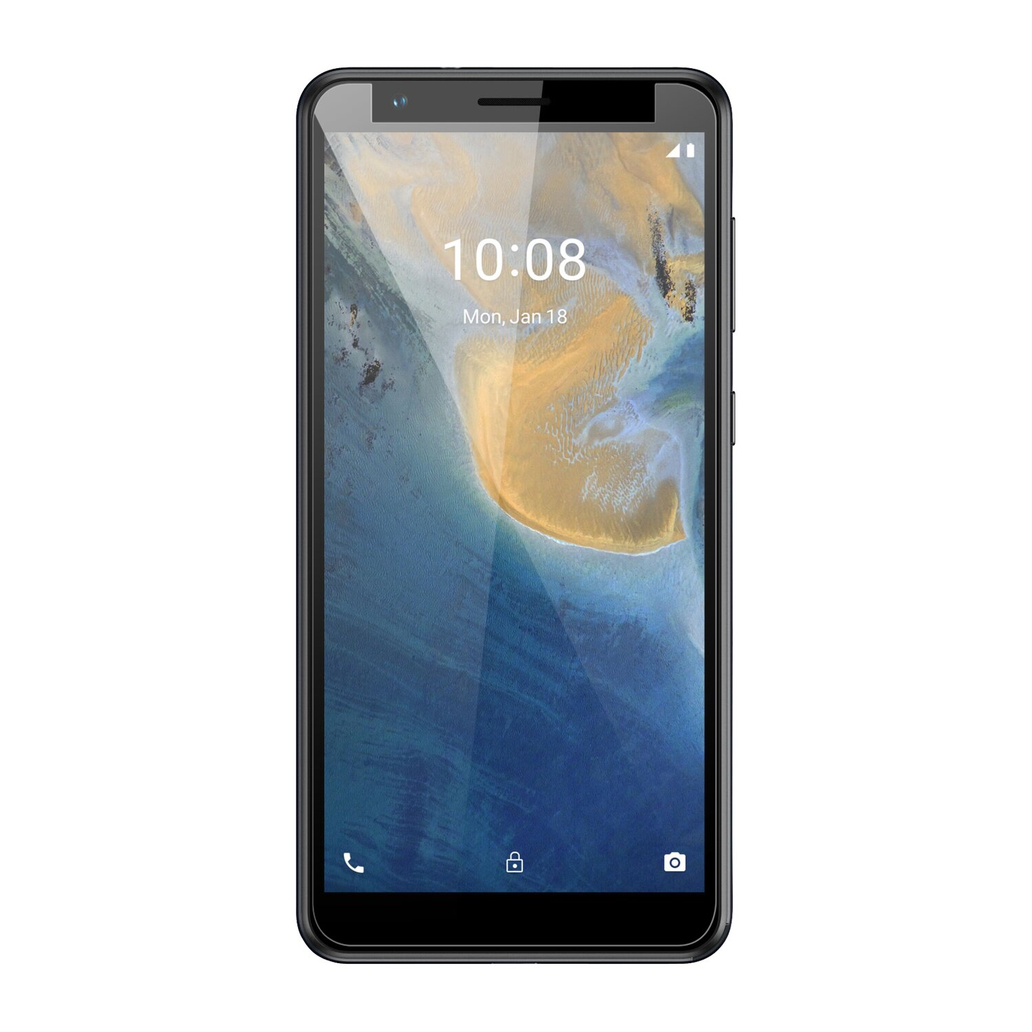 Schwarzes Smartphone, das Uhrzeit und Datum anzeigt. Der Bildschirm zeigt einen blauen Hintergrund.