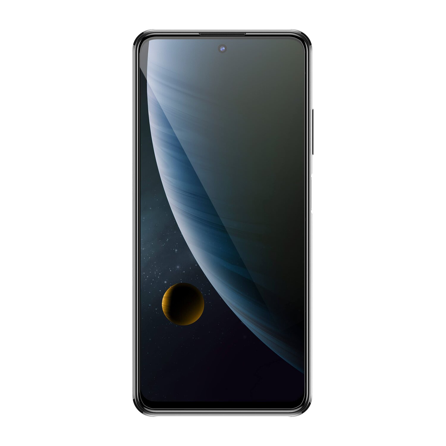 Ein Smartphone zeigt ein planetenähnliches Bild auf dem Bildschirm mit einem schwarzen Rahmen. Der Hintergrund ist weiß.