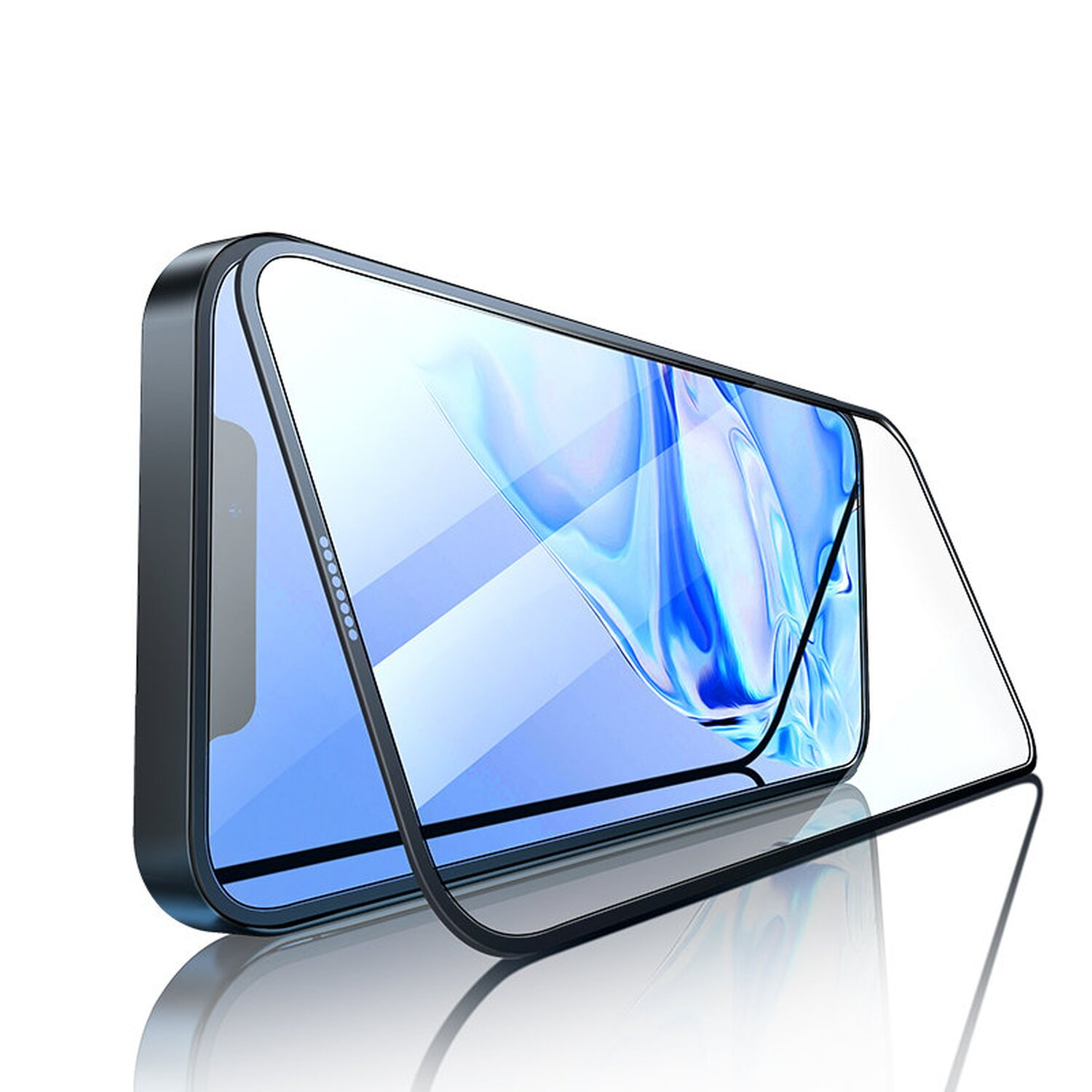 Telefon mit installiertem Displayschutz, angewinkelt. Schwarzer Rahmen und blauer Bildschirm. Weißer Hintergrund.