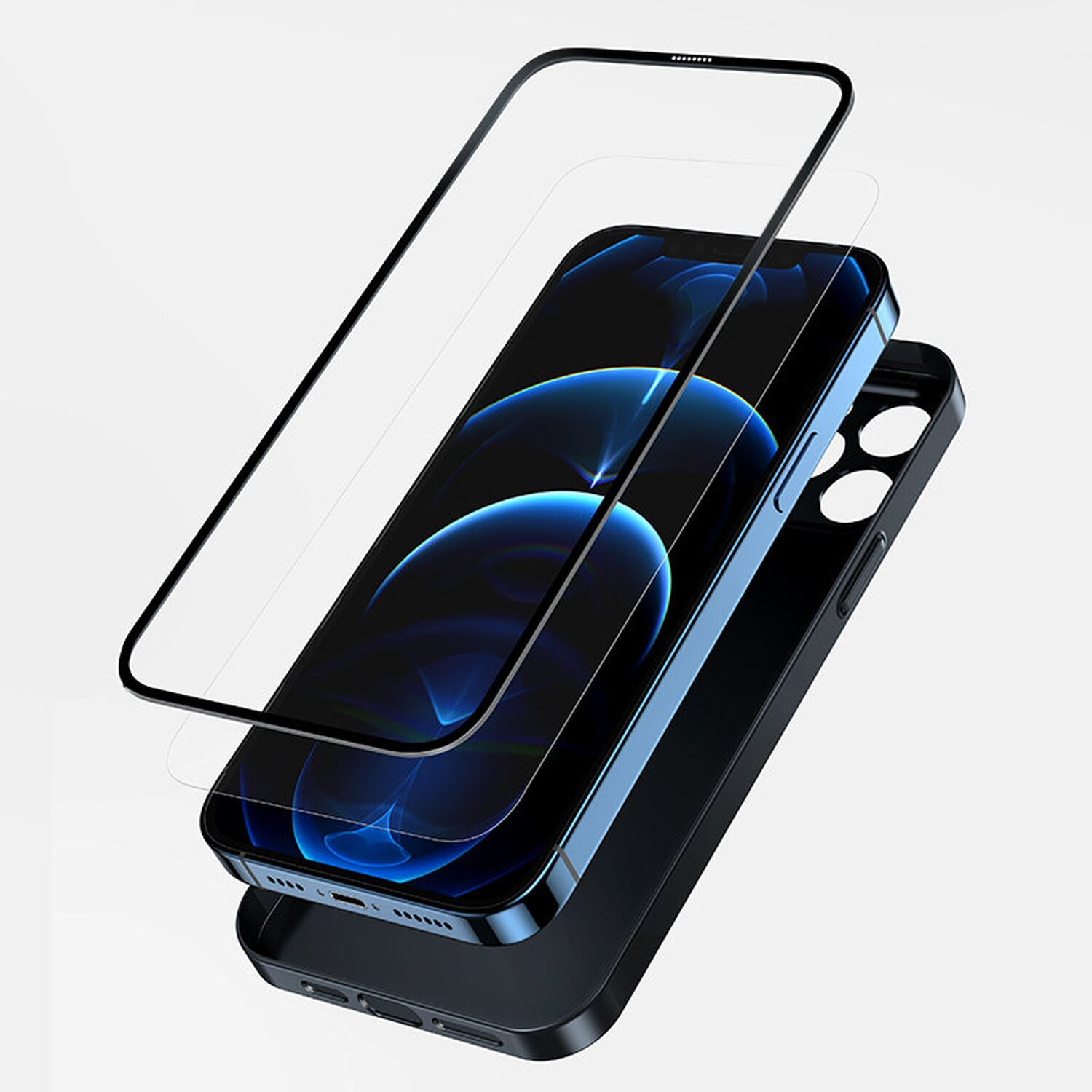 Telefon mit Displayschutz und Hülle, drei Schichten, schwarzes Telefon, weißer Hintergrund.