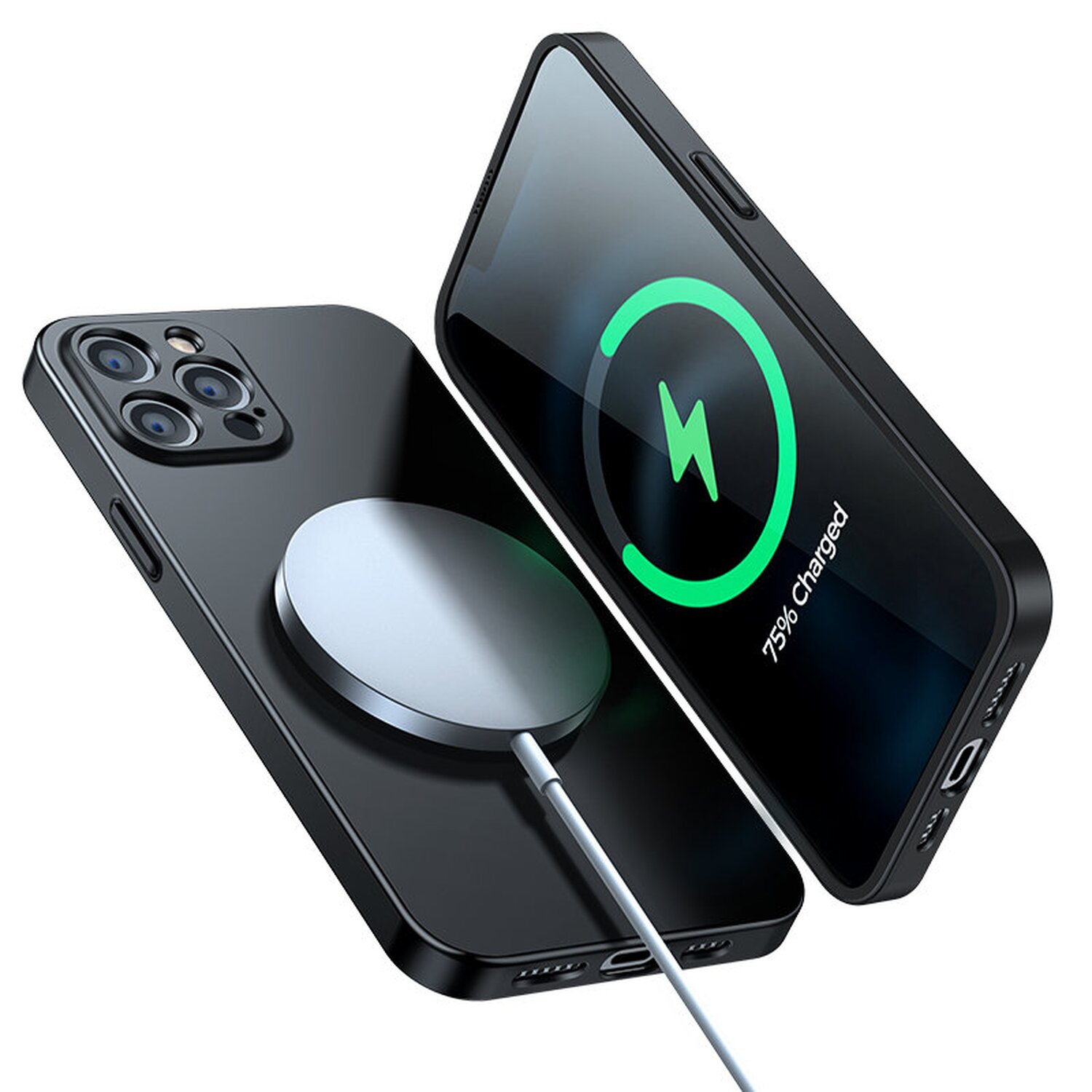 Schwarze Handyhülle mit iPhone, kabellos geladen, zeigt 75% geladen.