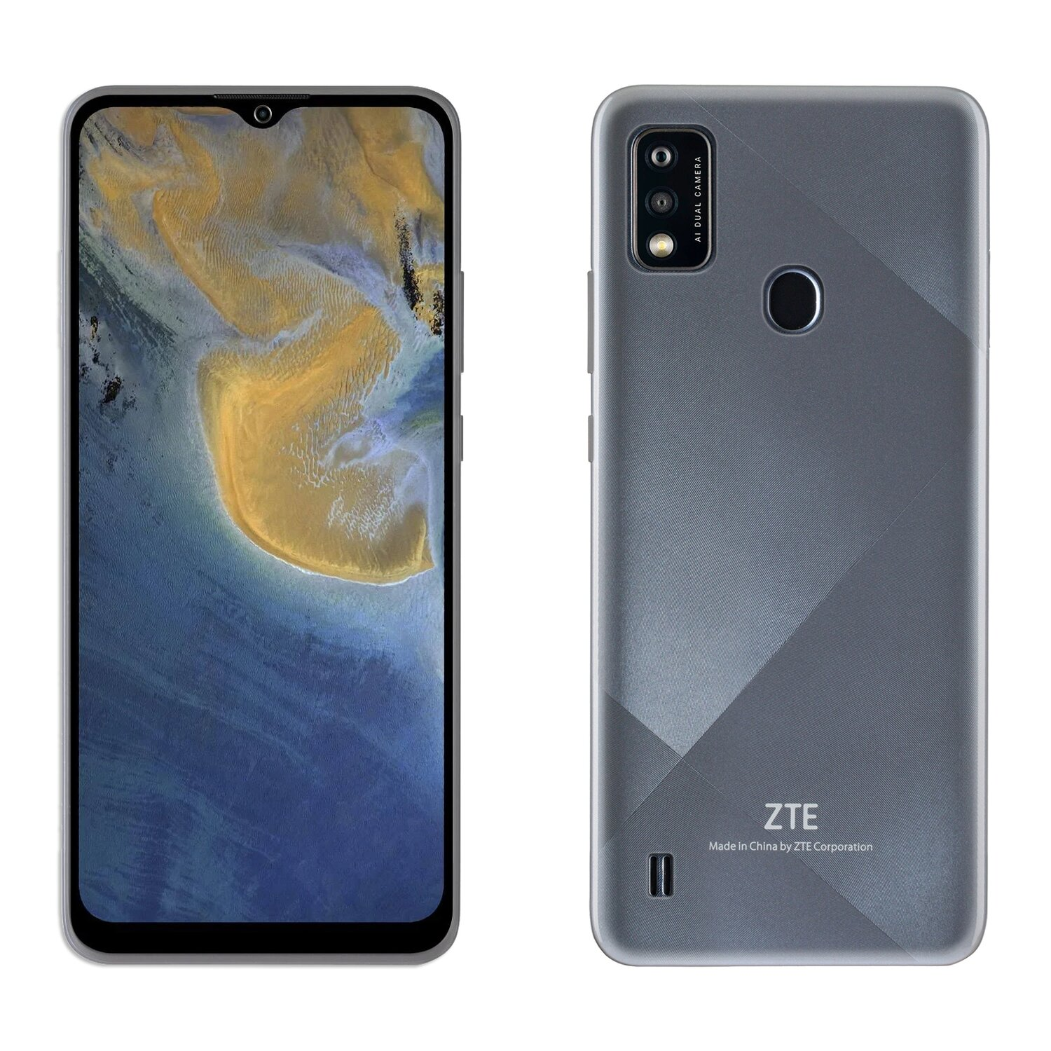 Ein graues Telefon mit Dualkamera, zeigt eine Landschaft mit gelb-blauem Farbschema.