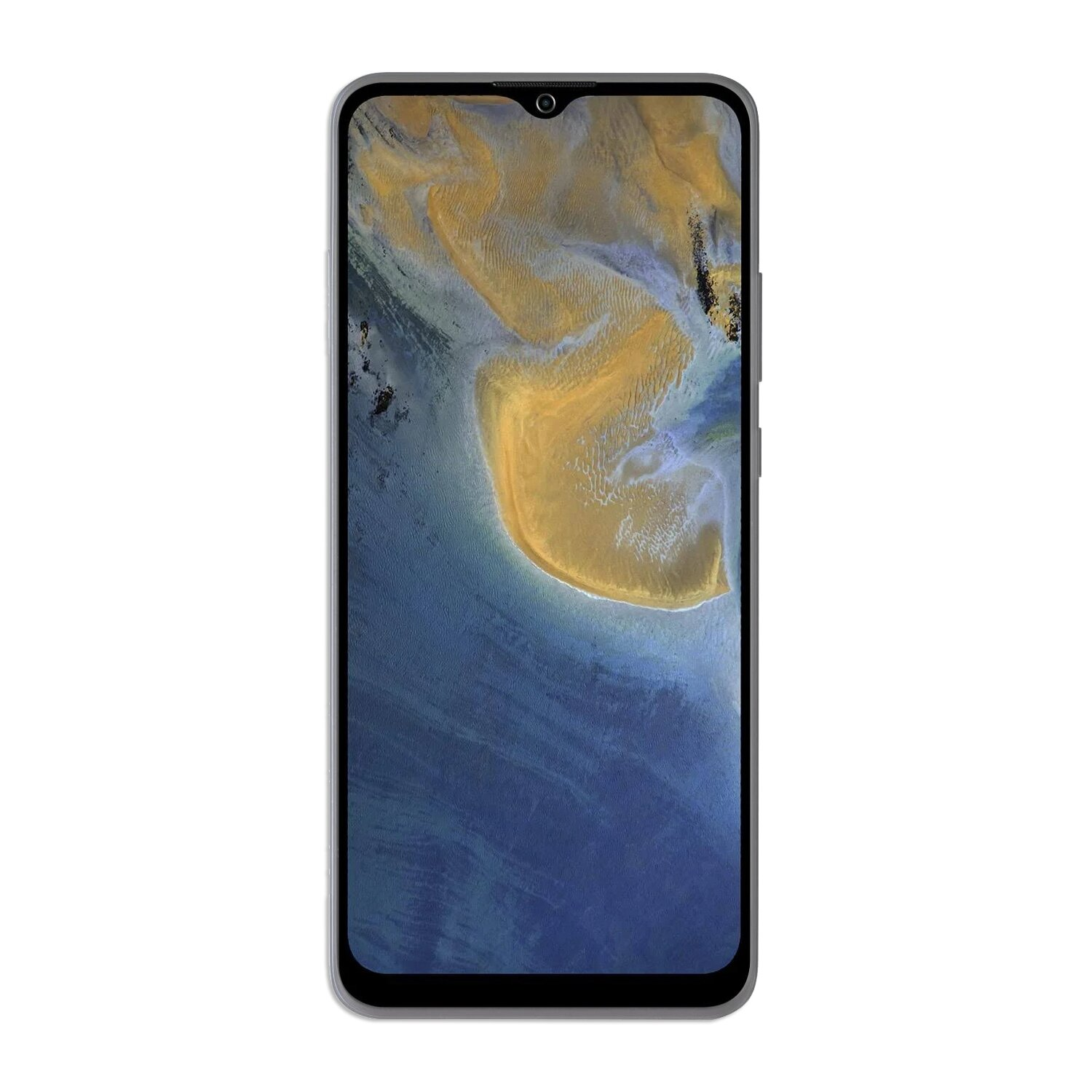 Ein Smartphone, aufrecht, zeigt ein Landschaftsbild von Wasser und Land, vor weißem Hintergrund.