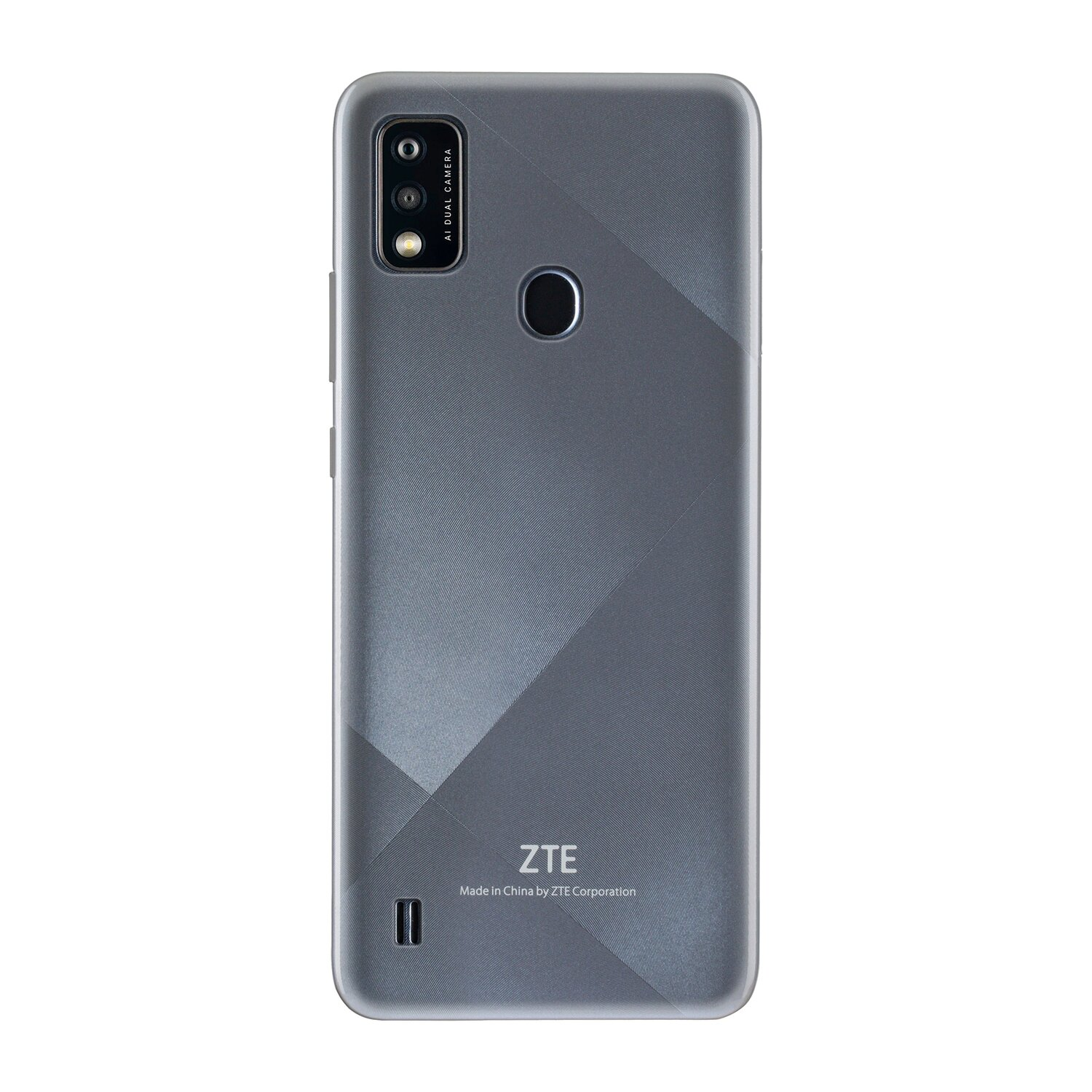 Graues ZTE-Smartphone, Rückansicht. Dual-Kamera und Fingerabdrucksensor.