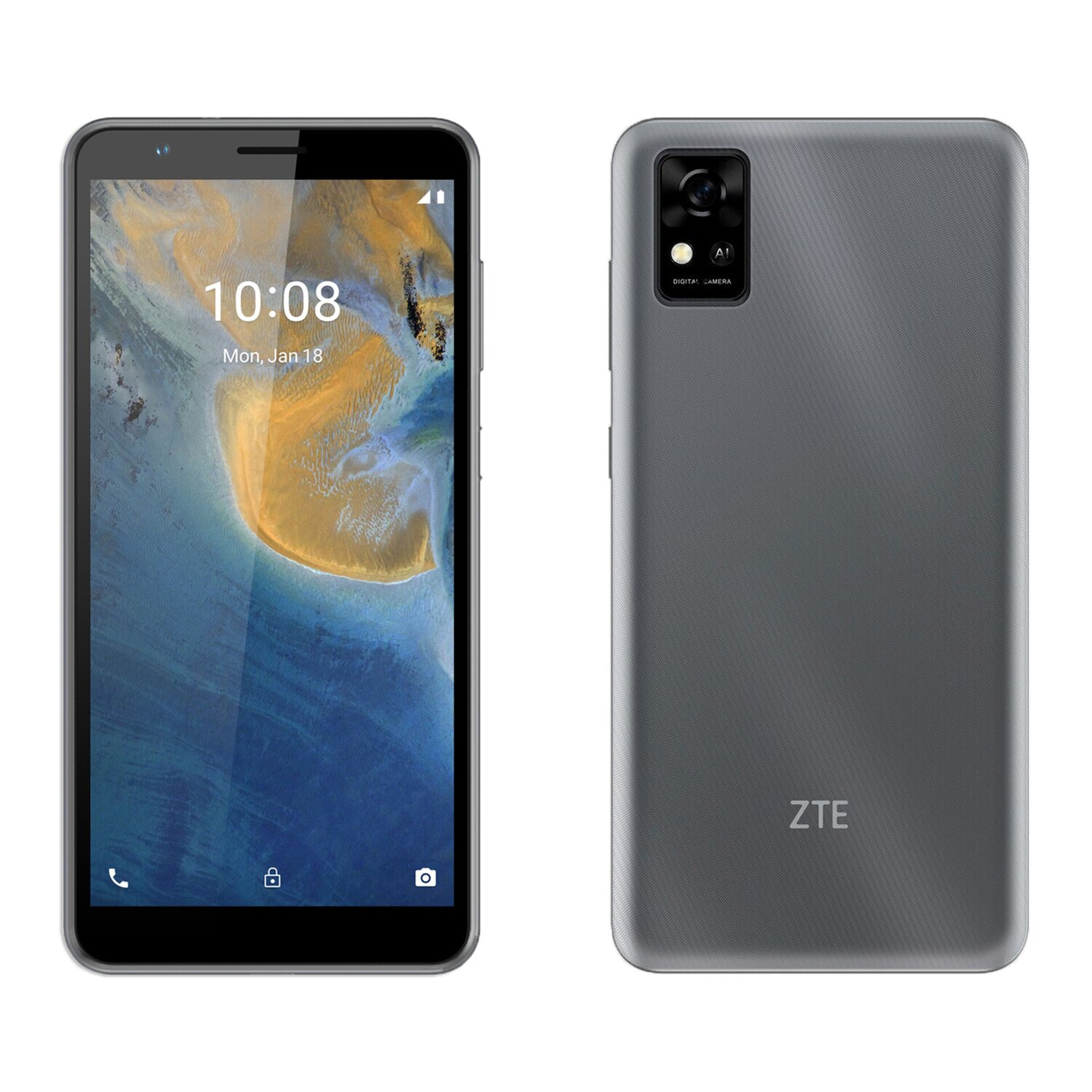 Graues ZTE-Telefon, Vorder- und Rückseite.