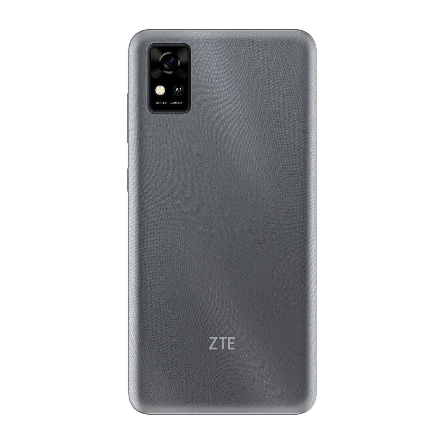 Ein graues Smartphone mit einem schwarzen Kameramodul auf der Rückseite. Das ZTE-Logo ist unten.