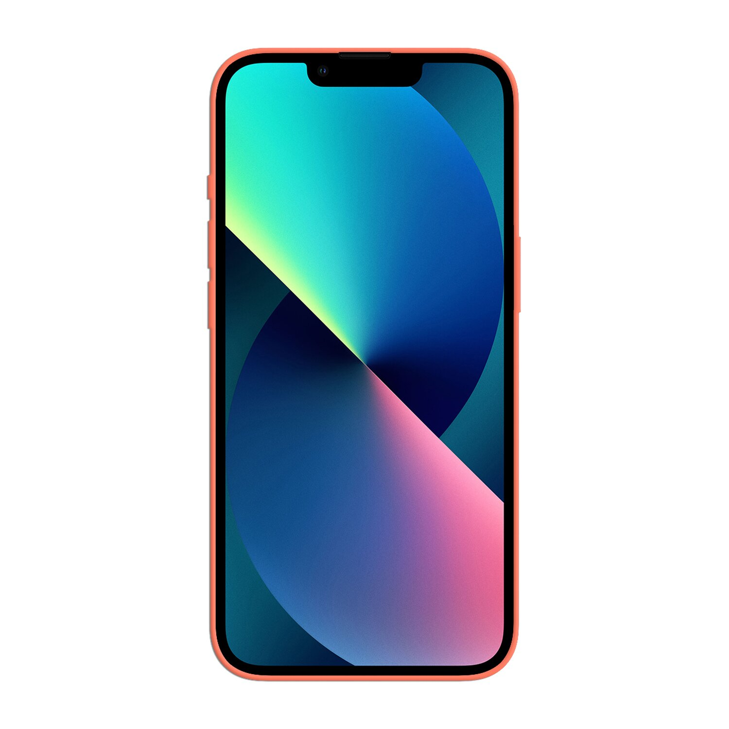 Ein korallenfarbenes iPhone mit farbenfrohem, abstraktem Hintergrund. Kamera oben. Apple-Logo hinten.