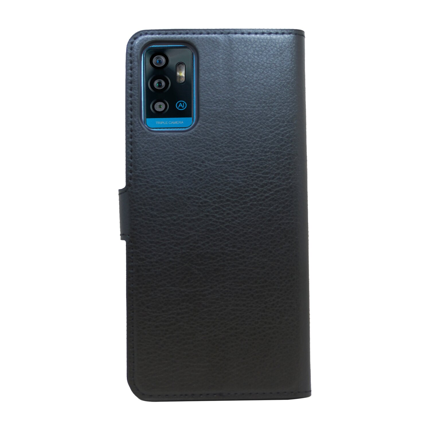Schwarze Handyhülle mit Dreifachkamera und der Aufschrift 'AI TRIPLE CAMERA'. Die Hülle hat eine strukturierte Oberfläche.