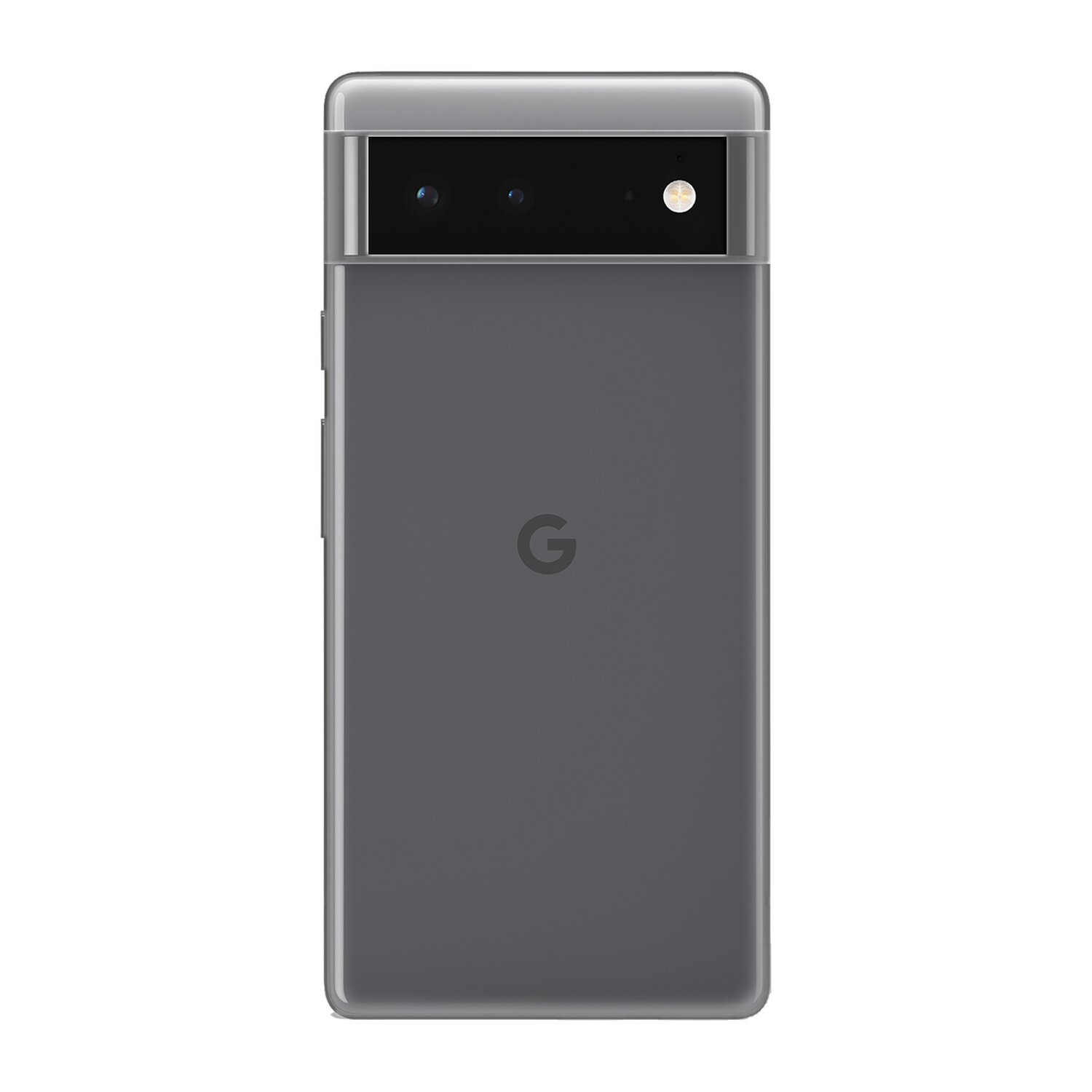Graues Google Pixel Telefon, Rückansicht, mit Kameraleiste, Logo, auf Weiß.