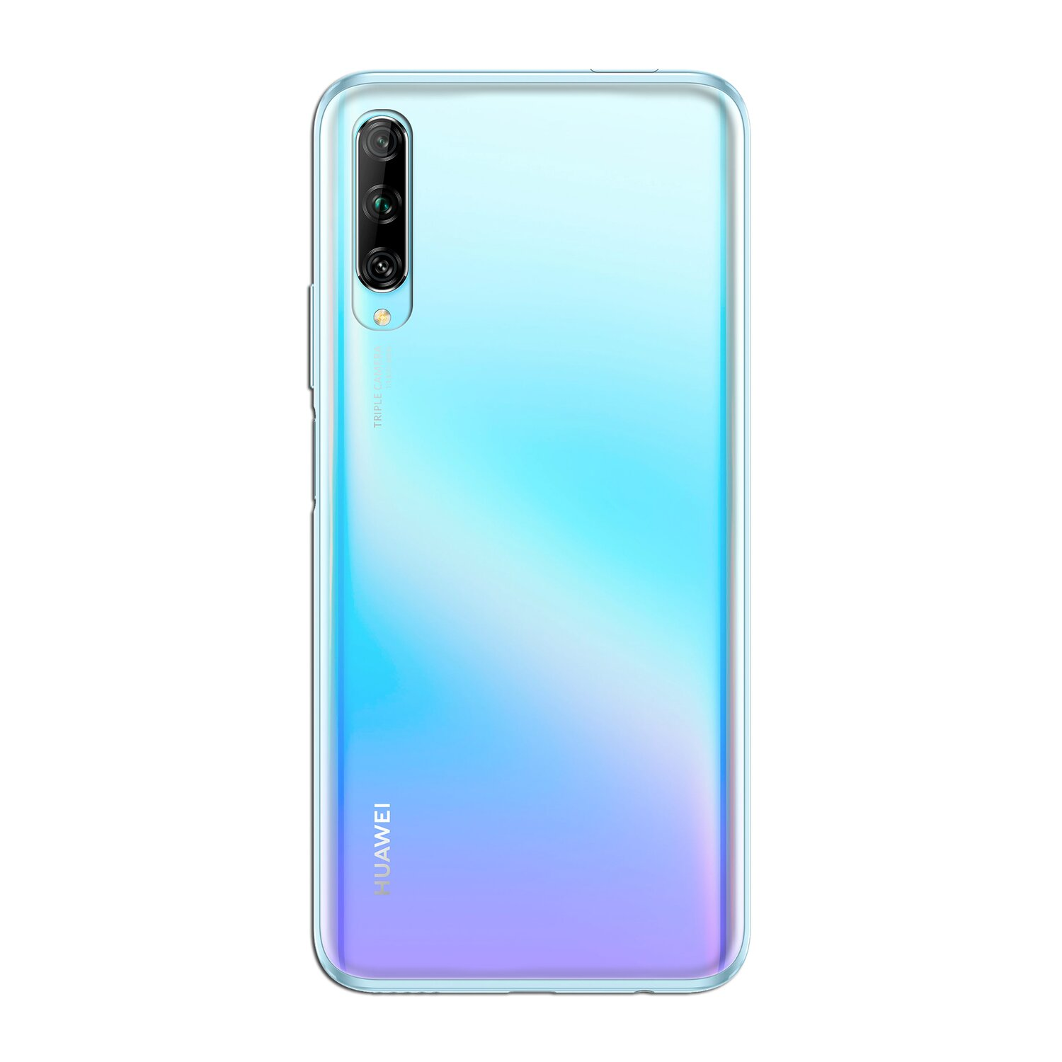 Rückansicht eines Smartphones mit blau-lila Farbverlauf und Dreifachkamera auf weißem Hintergrund.