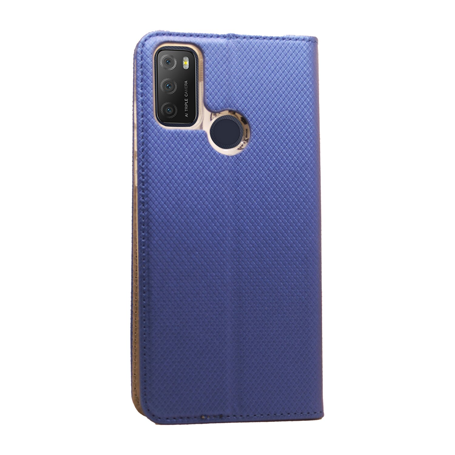 Blaue Handyhülle mit Kameraausschnitt. Diamantmuster auf dem Cover. Goldener Besatz.