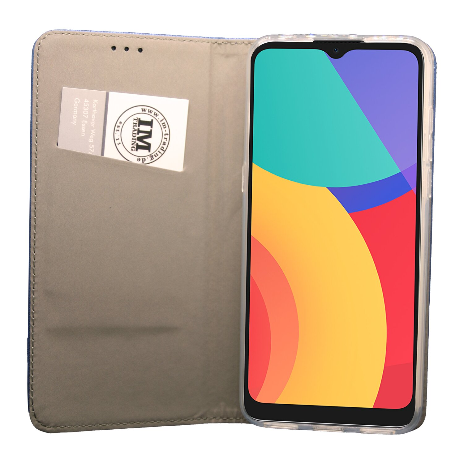 Ein Smartphone in einer Hülle, der Bildschirm zeigt ein farbenfrohes abstraktes Design. Die Hülle ist offen.