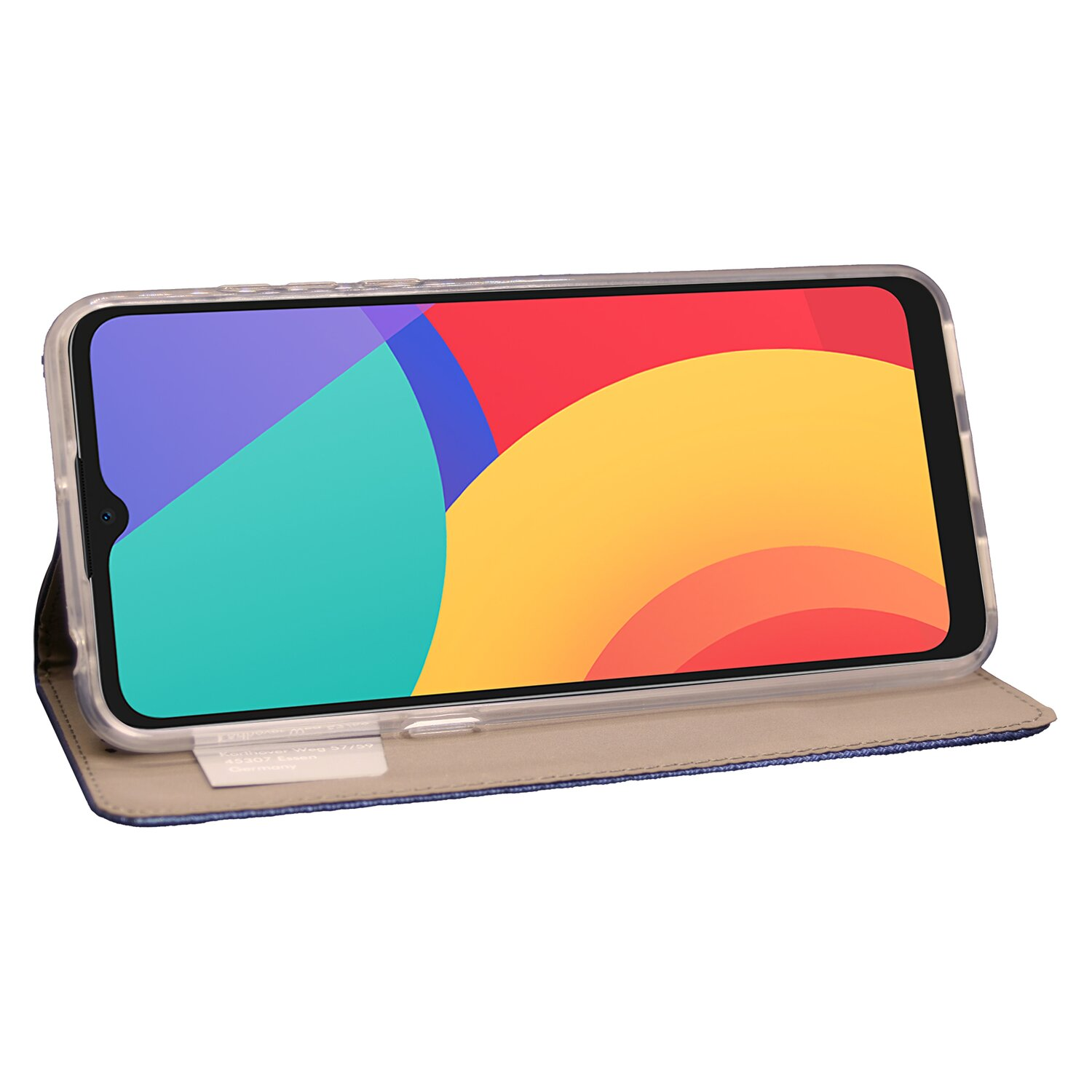 Ein Smartphone in einer Hülle, offen und mit einem farbenfrohen Bildschirm. Die Hülle ist blau und braun.