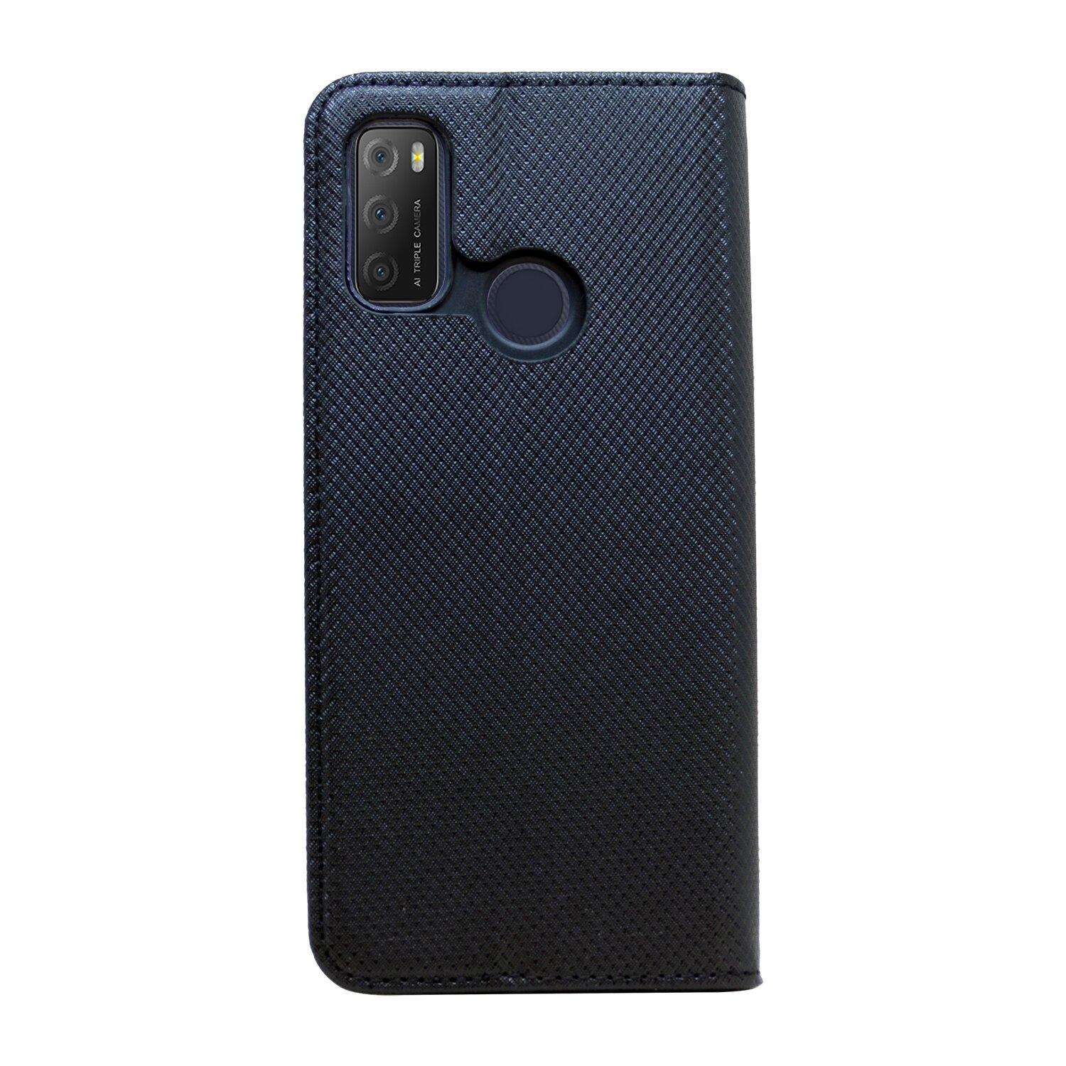 Schwarze Handyhülle mit strukturiertem Muster, mit Kameraausschnitt und einem Kreis für einen Fingerabdrucksensor.
