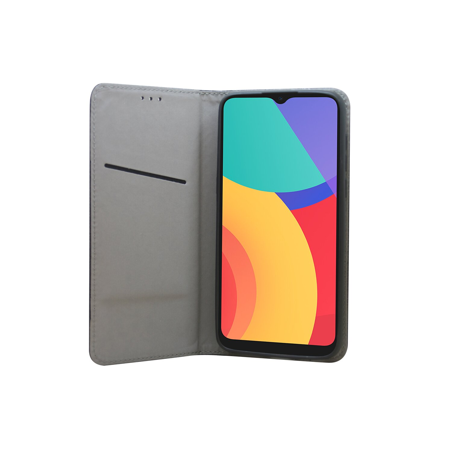 Geöffnete Handyhülle mit Handy. Telefon hat bunten Bildschirm. Hülle ist grau.