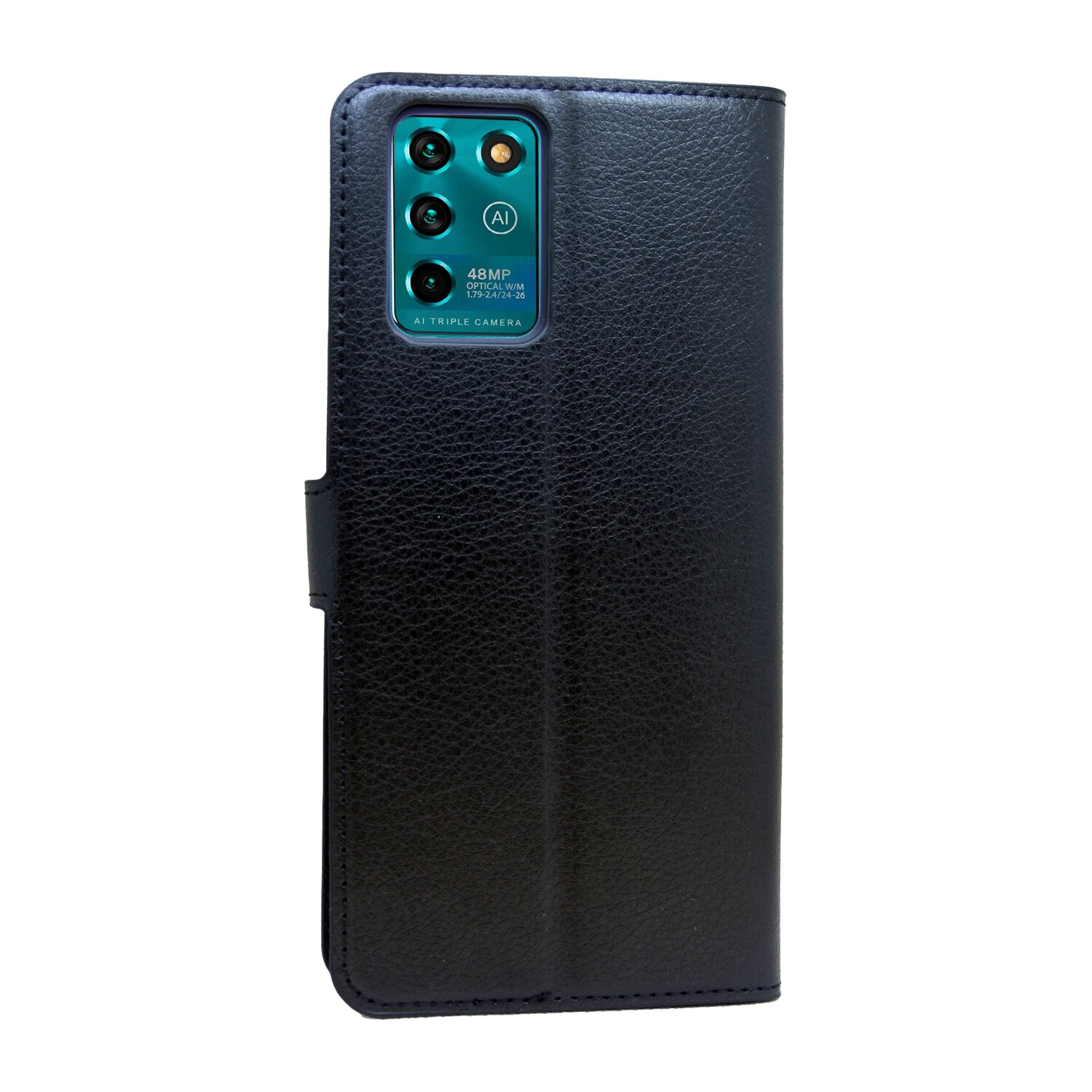 Schwarze Handyhülle mit Telefon darin. Verfügt über eine Kamera und eine schwarze Abdeckung.