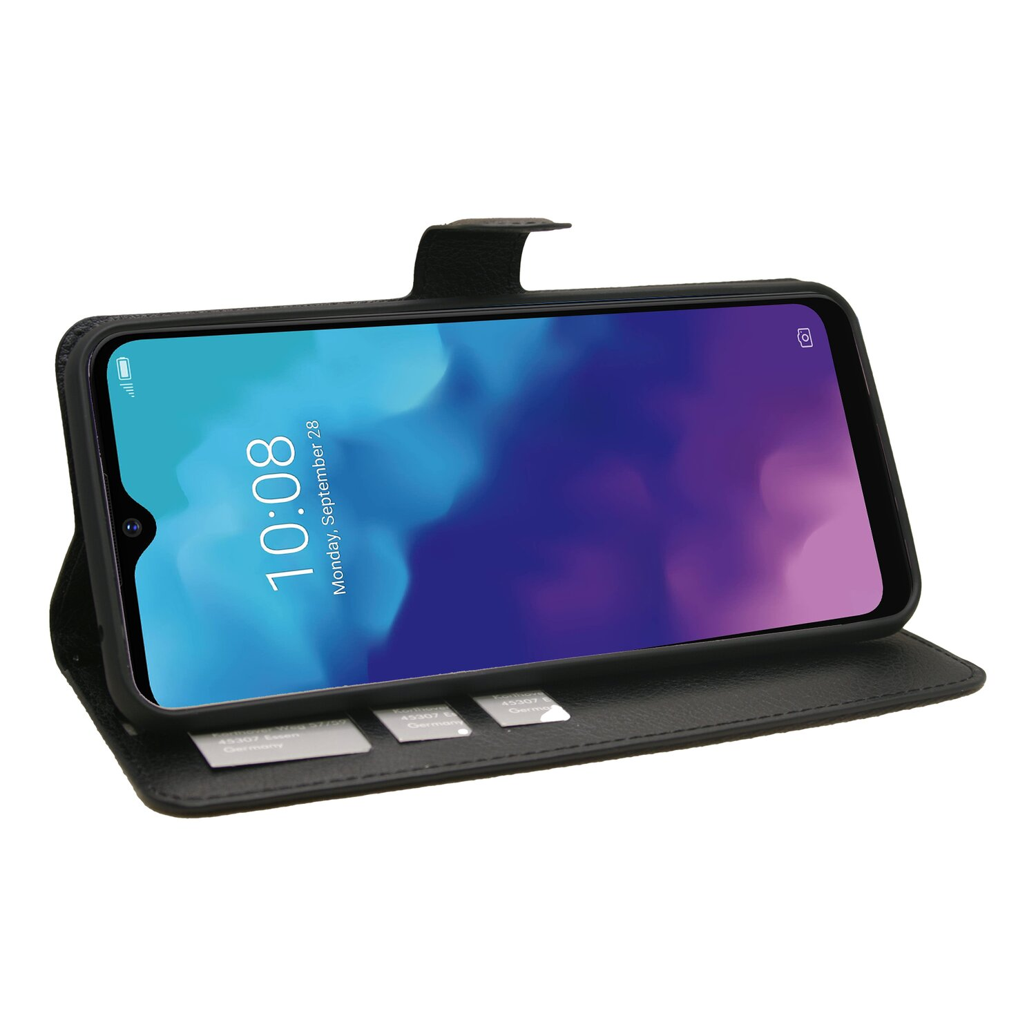 Schwarzes Telefon in einer Brieftasche. Der Bildschirm zeigt die Uhrzeit und ein lila Bild.