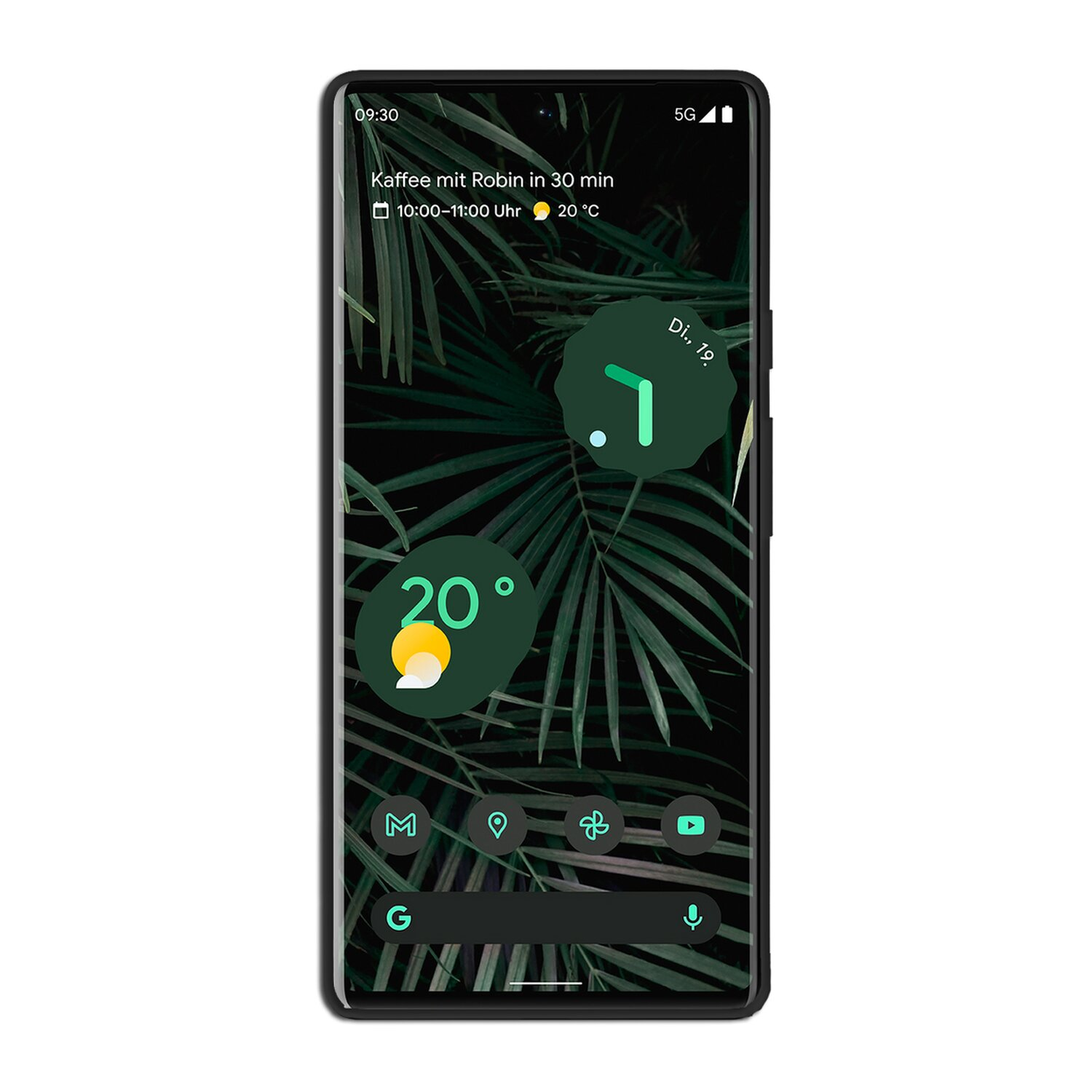 Ein Smartphone zeigt einen Bildschirm mit Uhrzeit, Datum und Wetterinformationen. Dunkler Hintergrund.