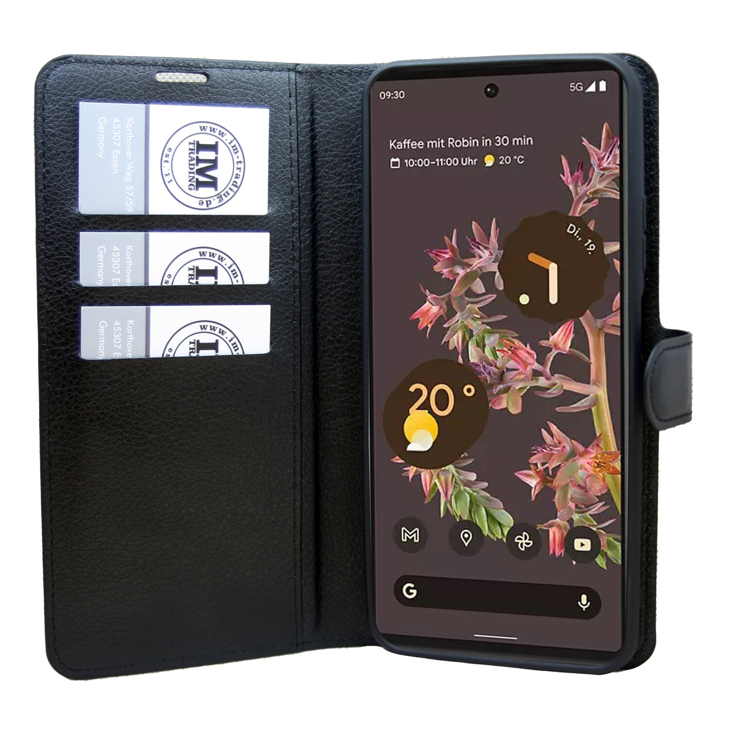 Schwarze Handyhülle mit Telefon darin, geöffnet mit Karten und Telefonbildschirm.