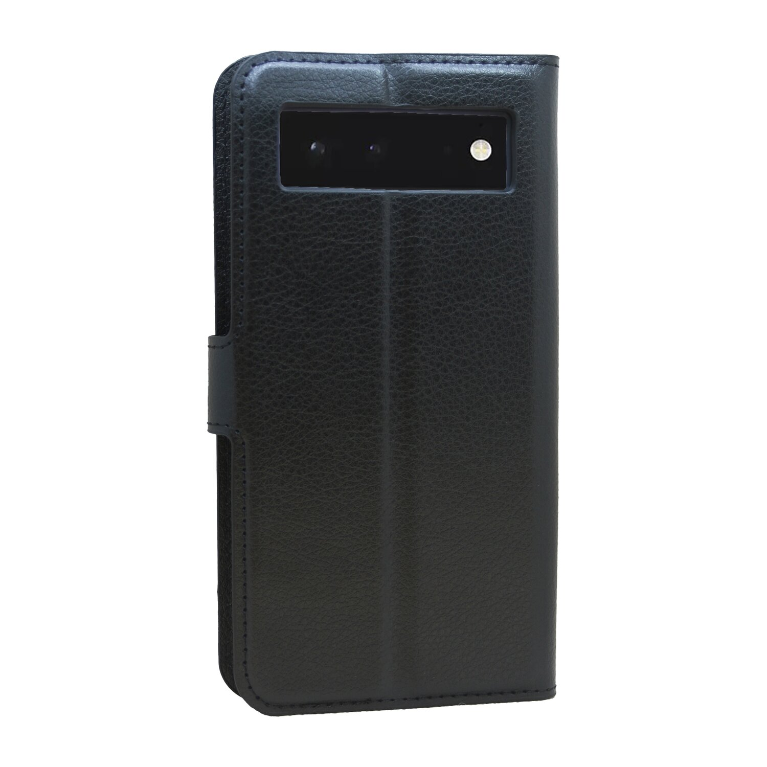 Eine schwarze Handyhülle. Sie ist im Folio-Stil gehalten, mit Magnetverschluss und Kameraausschnitt.