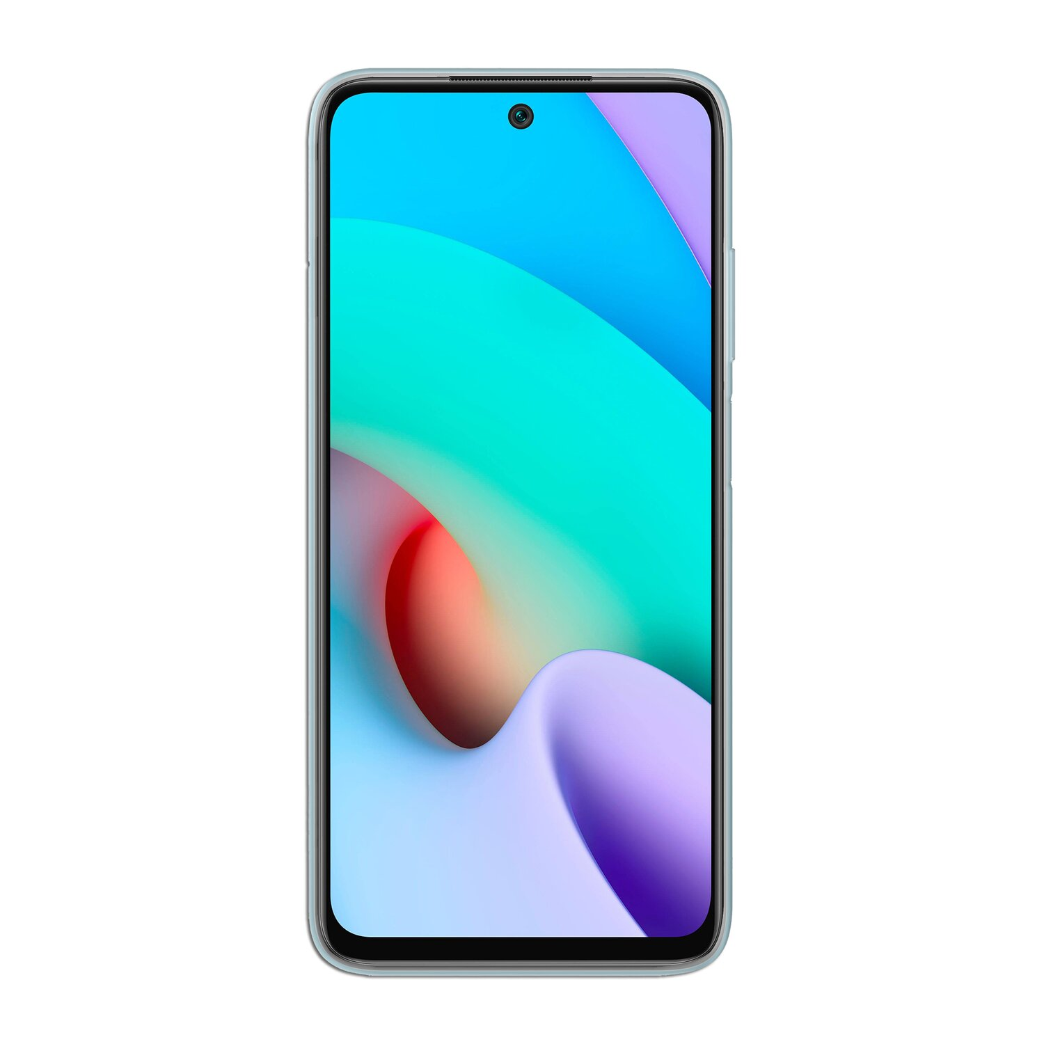 Smartphone mit blauem Rücken und farbenfrohem Bildschirm, der abstrakte Formen zeigt, vor weißem Hintergrund.