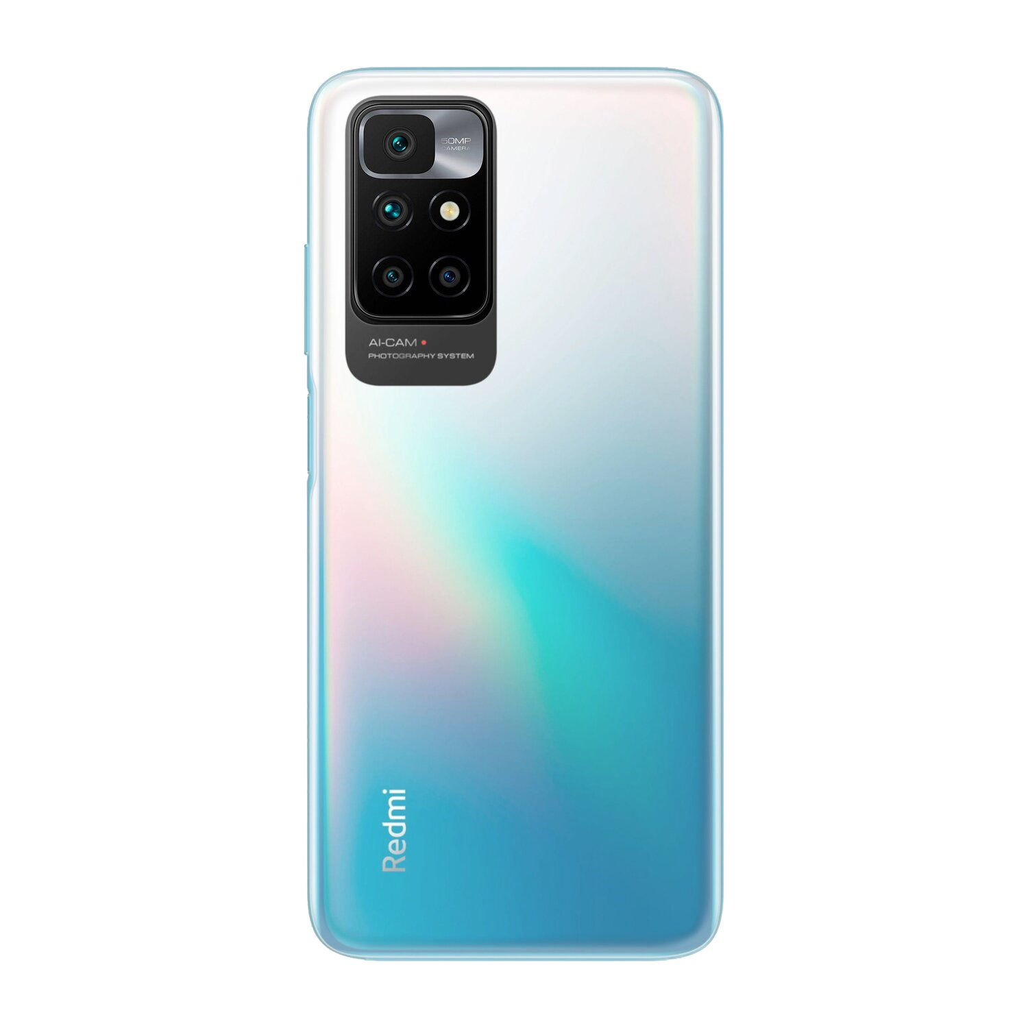 Redmi-Telefonrückseite, blau und weiß, mit Kameramodul und Markenlogo.