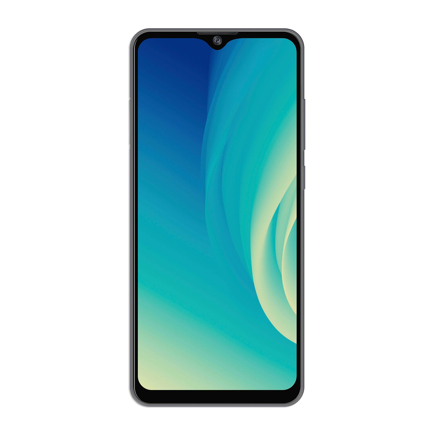 Smartphone mit blau-grünem Farbverlauf. Es hat eine Kamera und einen schwarzen Rahmen.