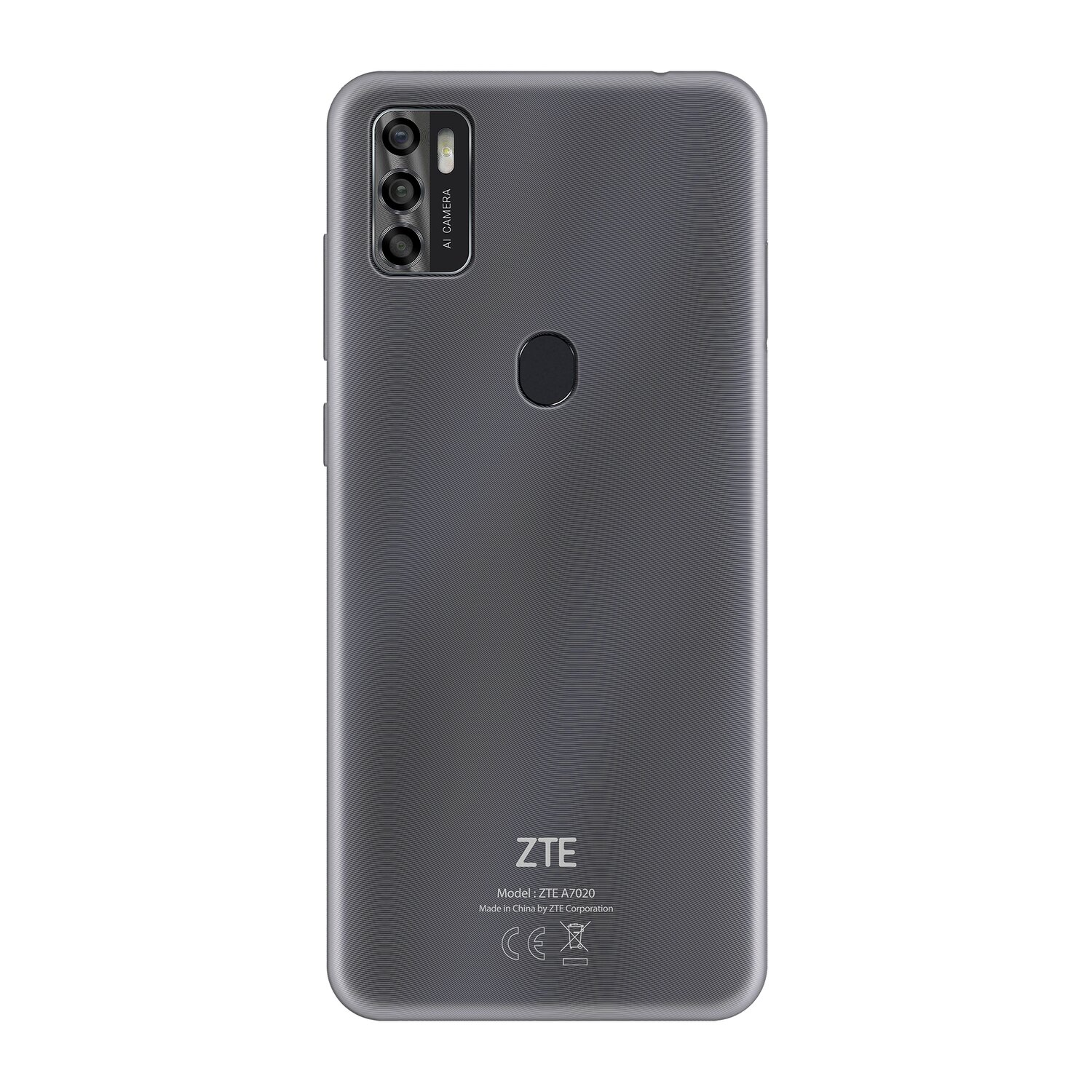 Rückseite des ZTE A7020 Smartphones, grau mit Wellenmuster, Dreifachkamera und Logo.