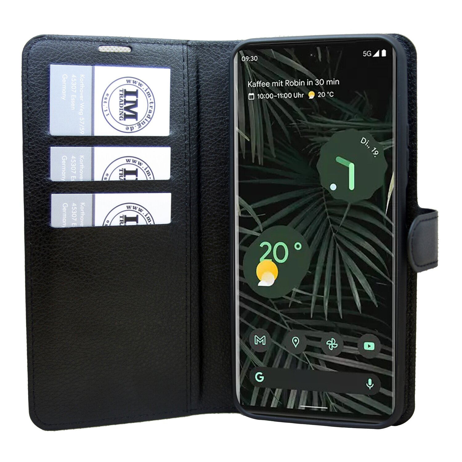 Eine schwarze Handyhülle mit Smartphone, das einen Kalender zeigt, und ein paar Karten innen.