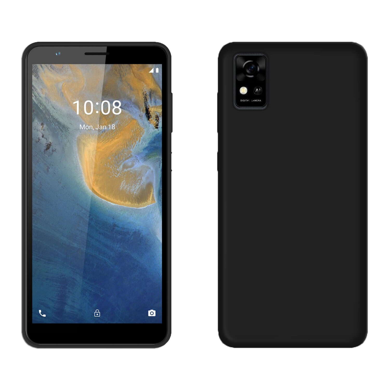 Ein schwarzes Smartphone, das seine Vorder- und Rückseite zeigt. Der Bildschirm zeigt Zeit und Datum.