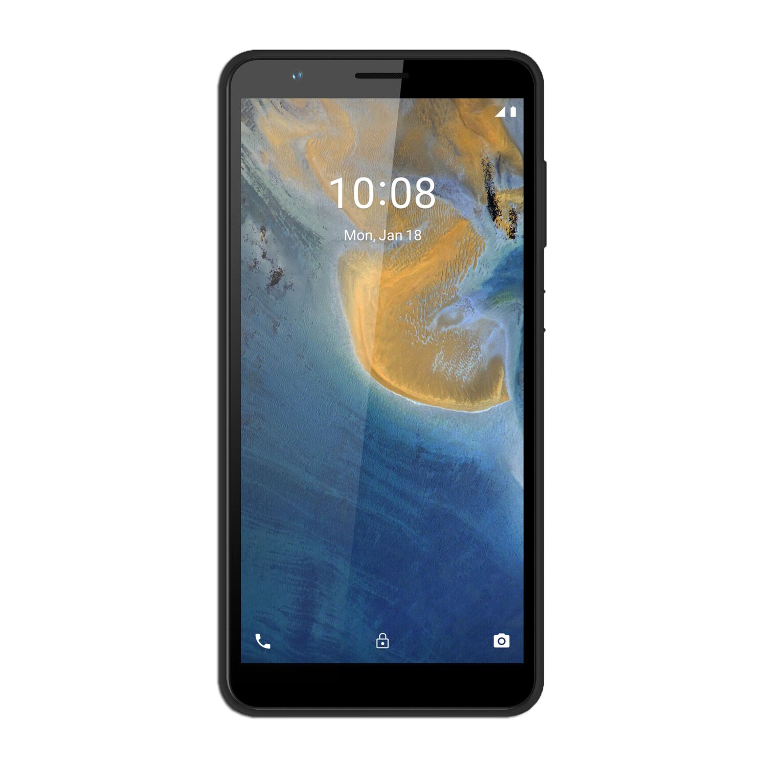 Ein schwarzes Smartphone, das die Uhrzeit und das Datum anzeigt.