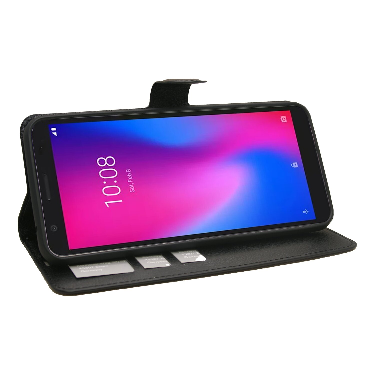 Smartphone in schwarzem Gehäuse mit farbenfrohem Bildschirm auf weißem Hintergrund.