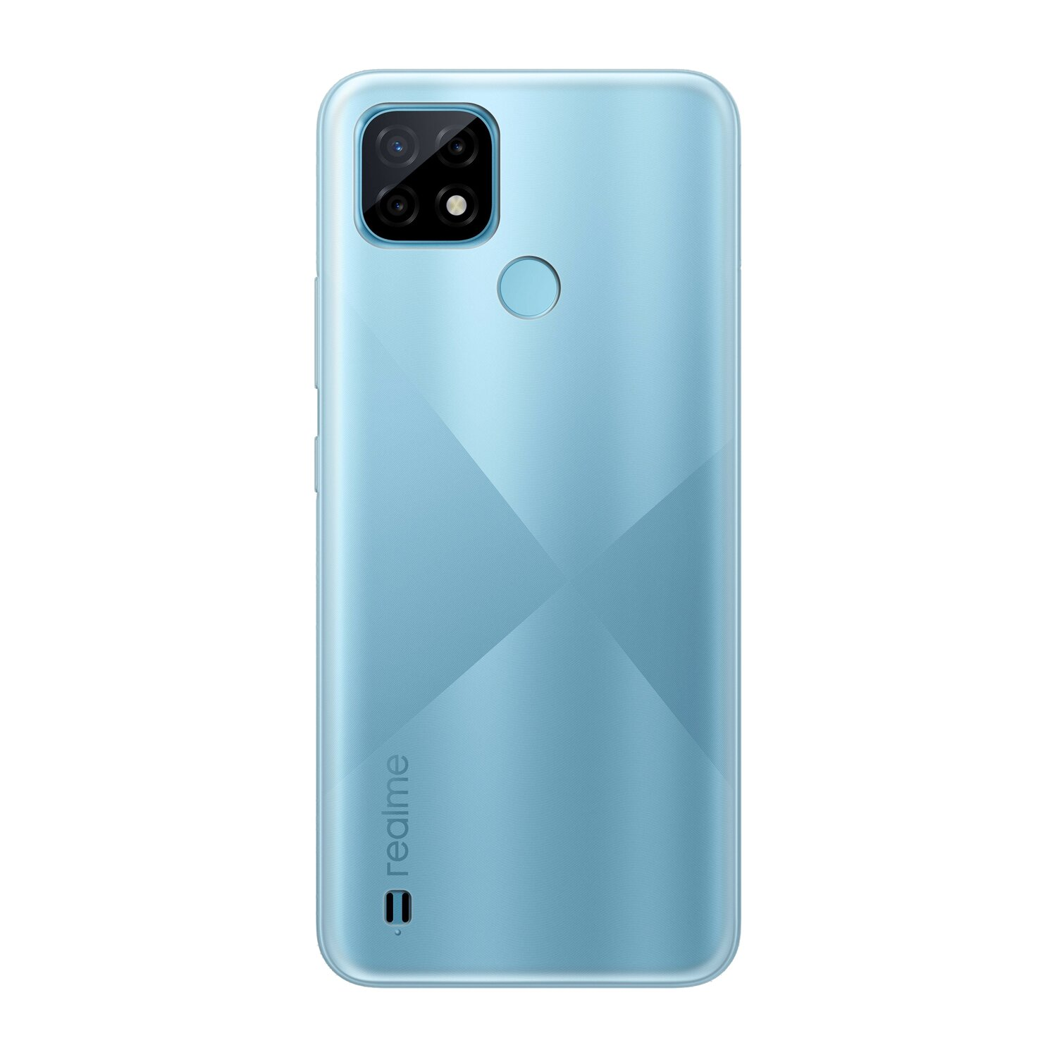 Hellblaues Smartphone, Rückansicht. Dual-Objektiv Kamera, Realme-Logo.