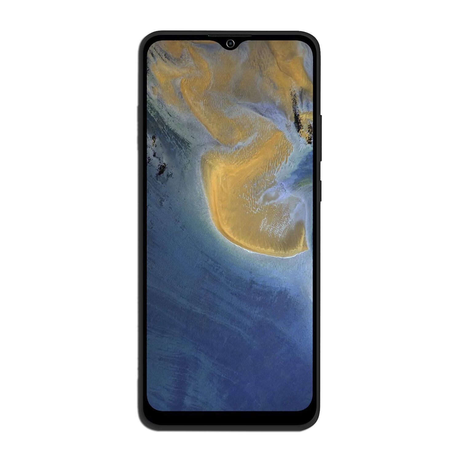 Ein schwarzes Smartphone mit großem Bildschirm, der ein Landschaftsbild auf weißem Hintergrund zeigt.