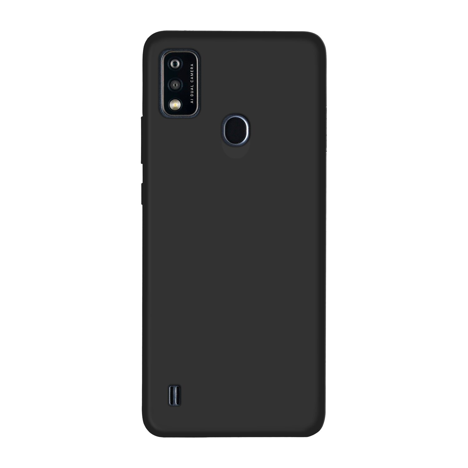 Ein schwarzes Smartphone mit Dual-Kamera und zentralem Fingerabdrucksensor. Das Telefon ist schlicht.