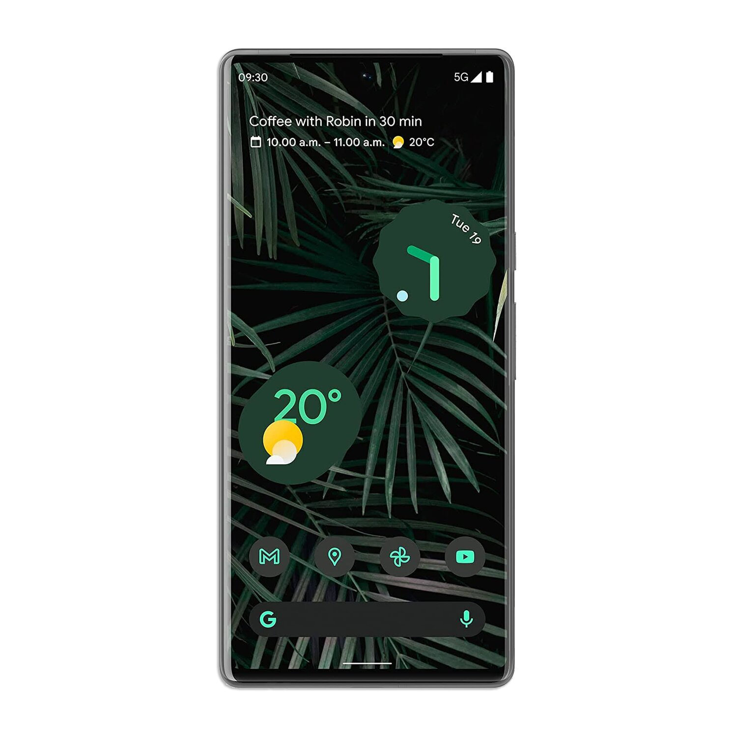 Ein Smartphone zeigt einen Startbildschirm mit digitaler Uhr, Wetter und App-Symbolen.