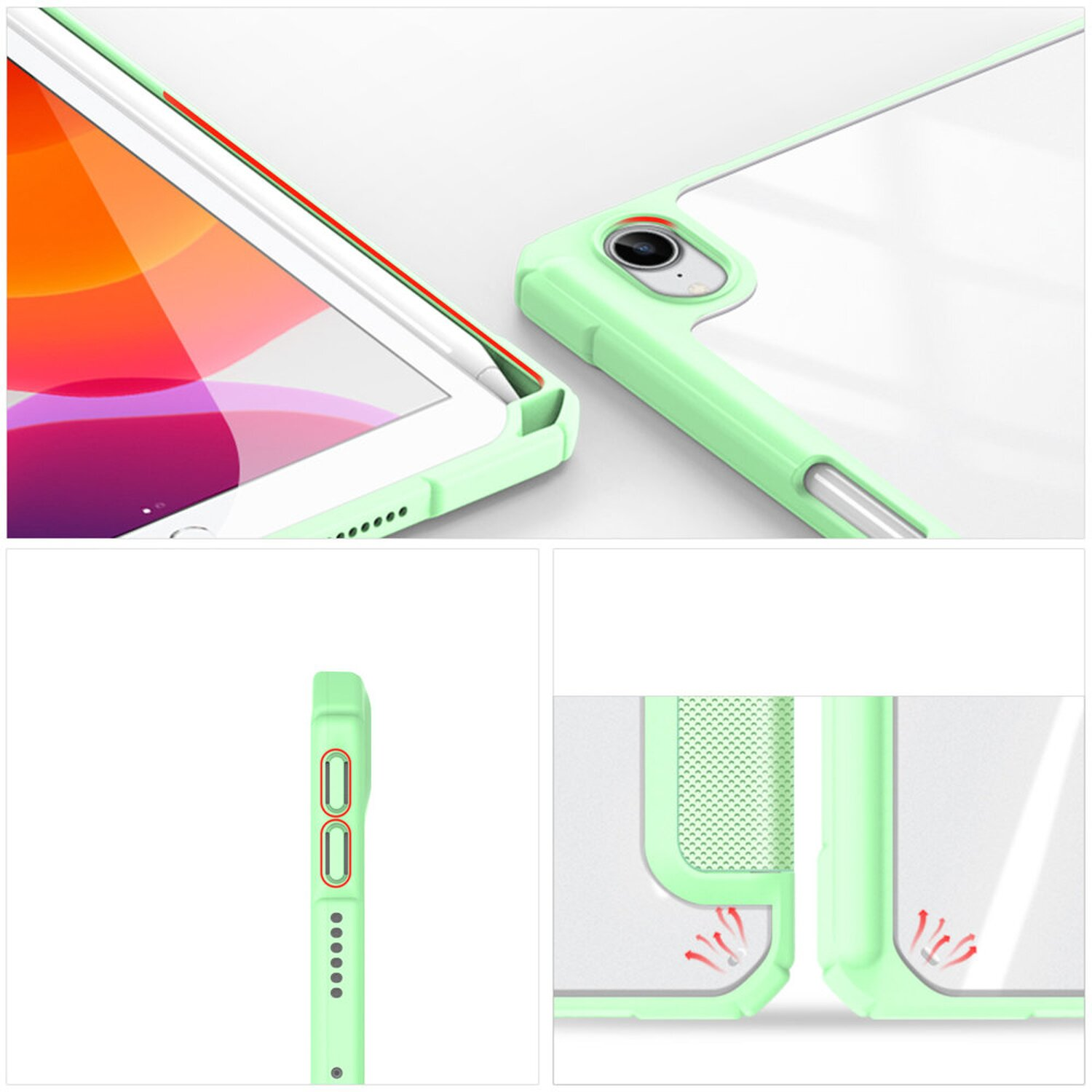 Nahaufnahme einer Schutzhülle für ein Tablet. Die Hülle ist mintgrün mit klarer Rückseite.