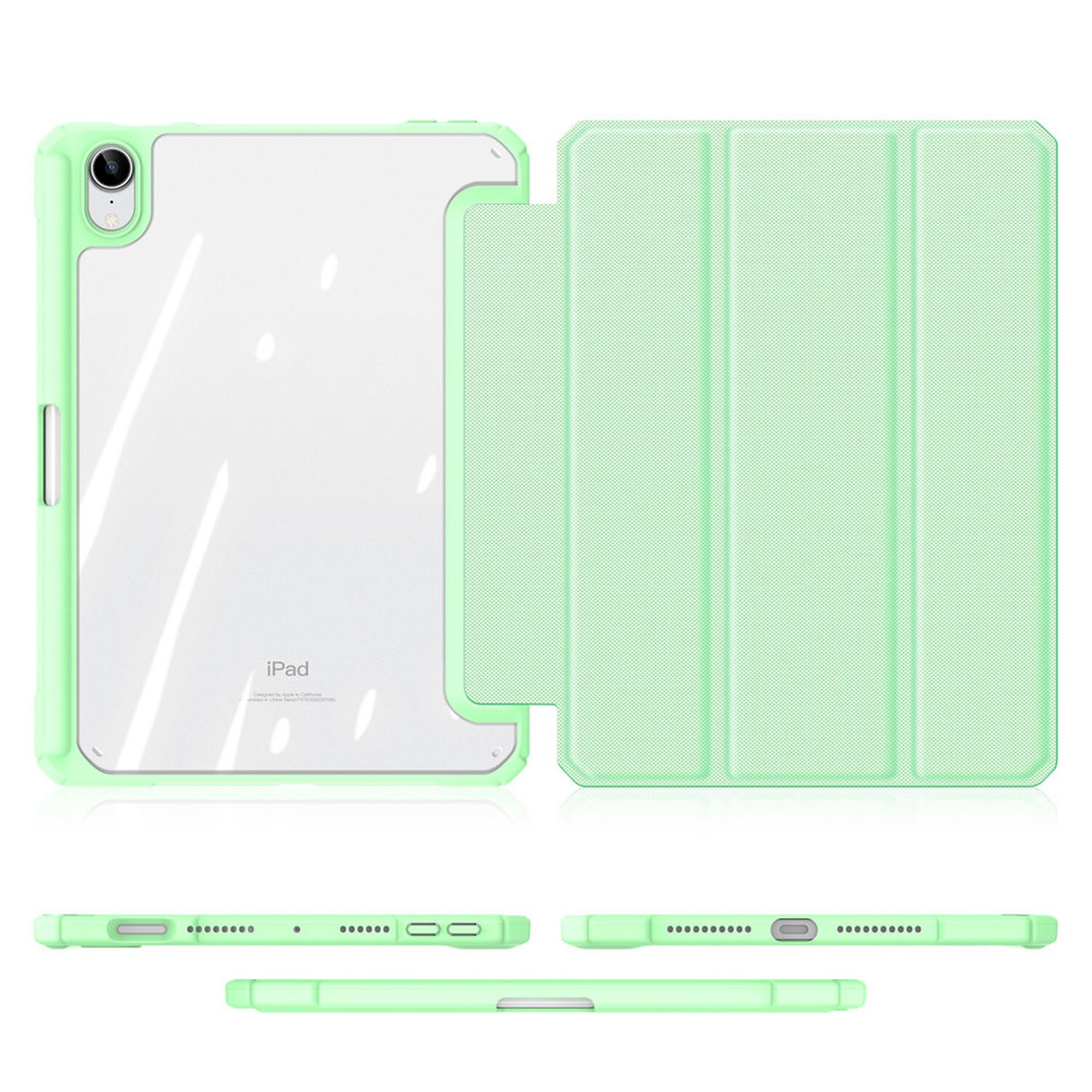 Mintgrüne iPad-Hülle mit transparentem Rücken, zeigt ein iPad und das Design.