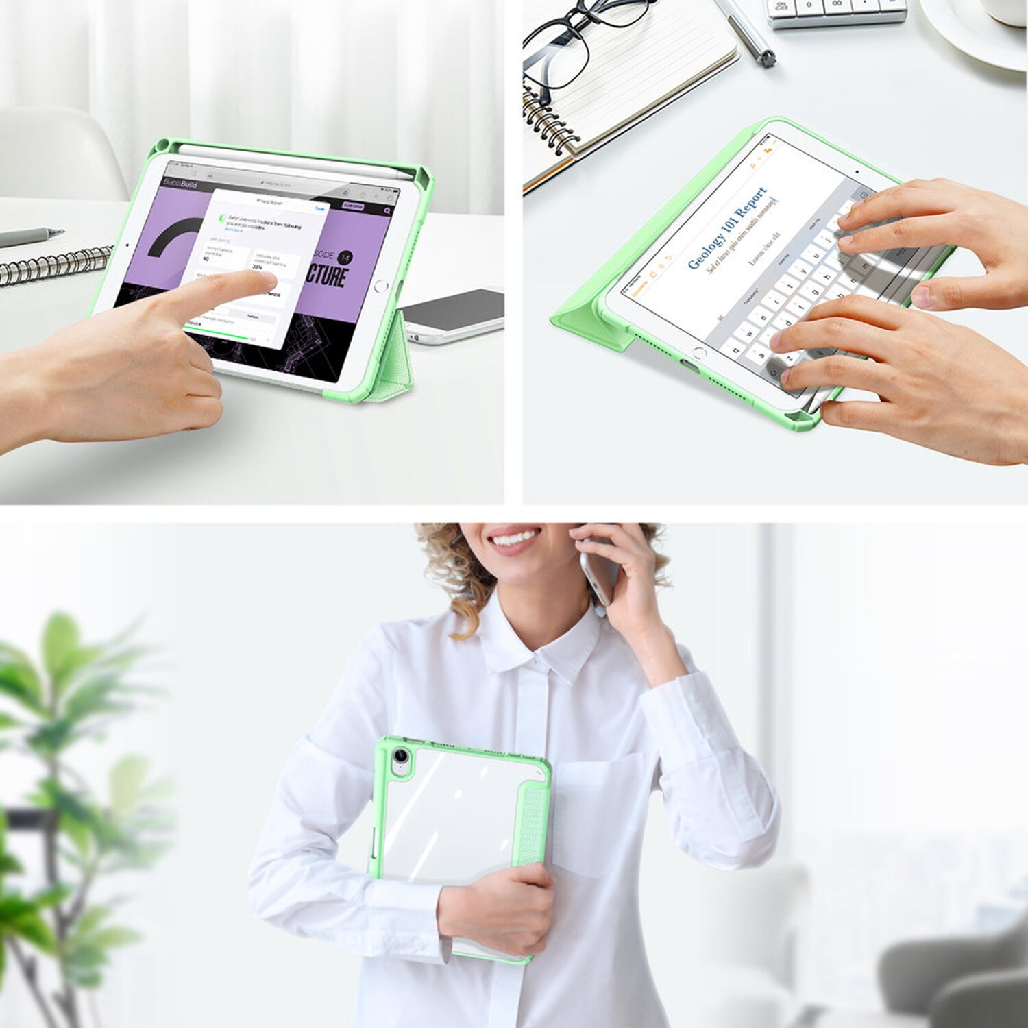 Ein grünes Tablet in einer Hülle. Es wird benutzt und von einer Person gehalten.