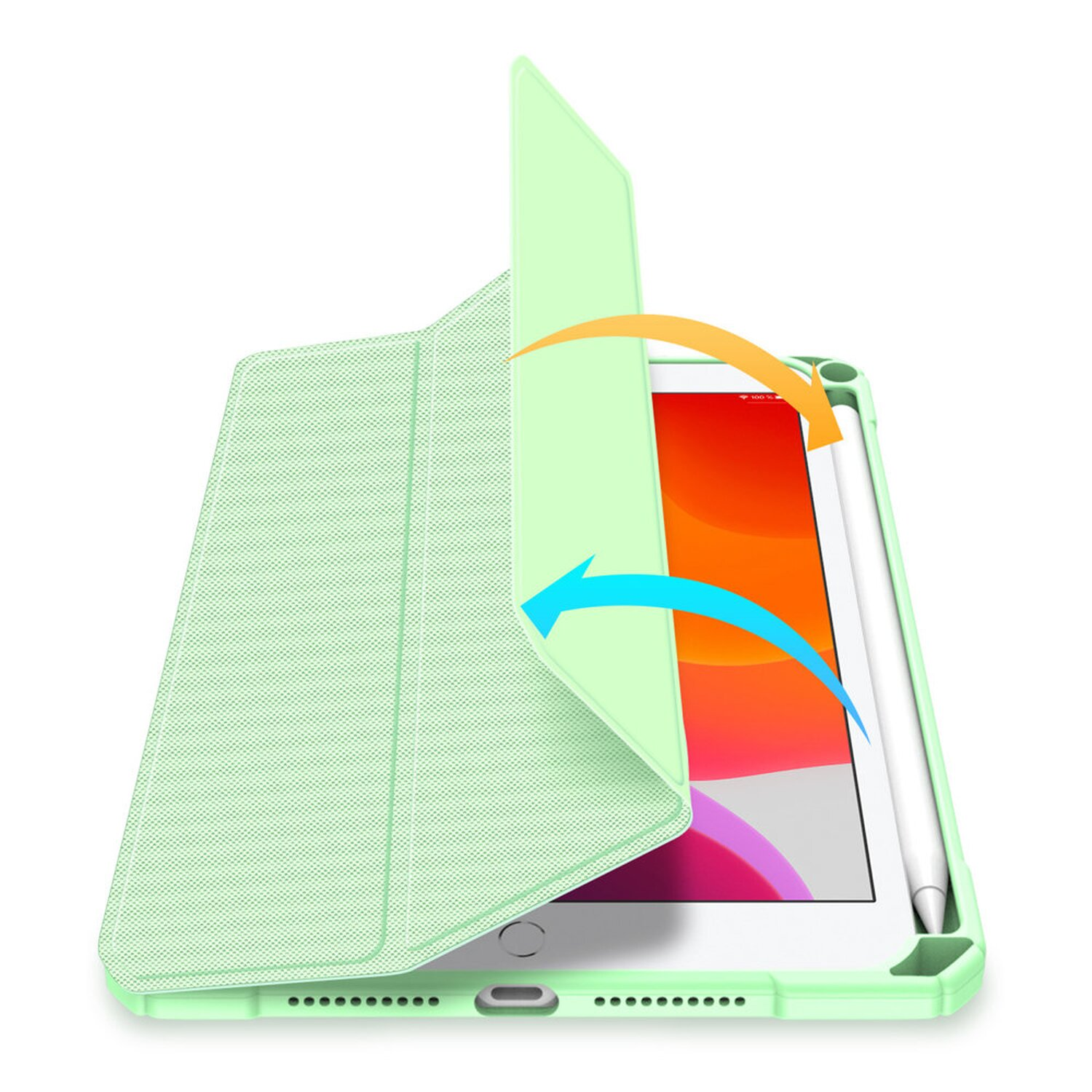 Grüne Schutzhülle für ein Tablet. Tablet sichtbar mit Pfeilen, die das Öffnen und Schließen anzeigen.