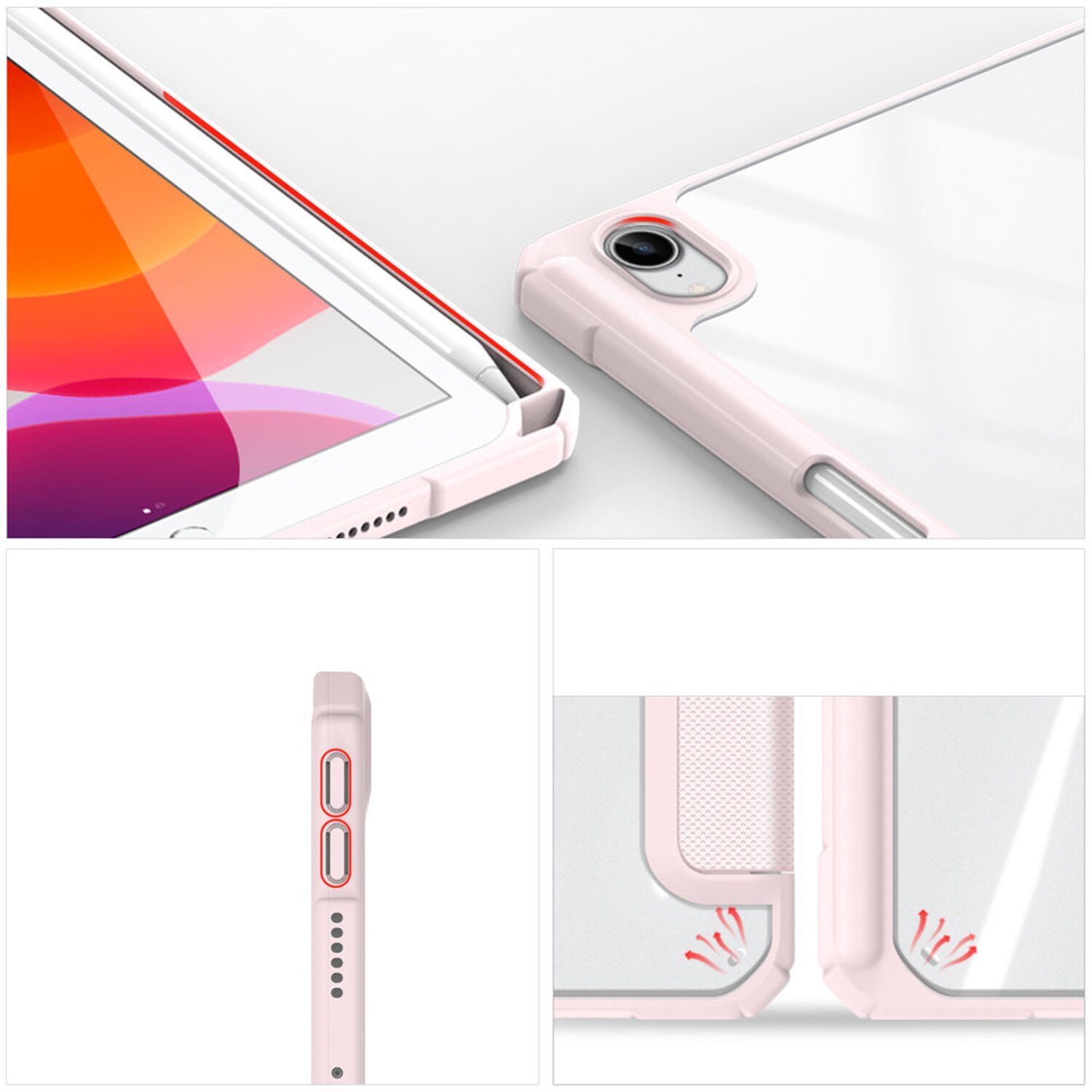 Nahaufnahmen einer rosa Tablet-Hülle, die das Design, die Knöpfe und die Innenstruktur zeigt.