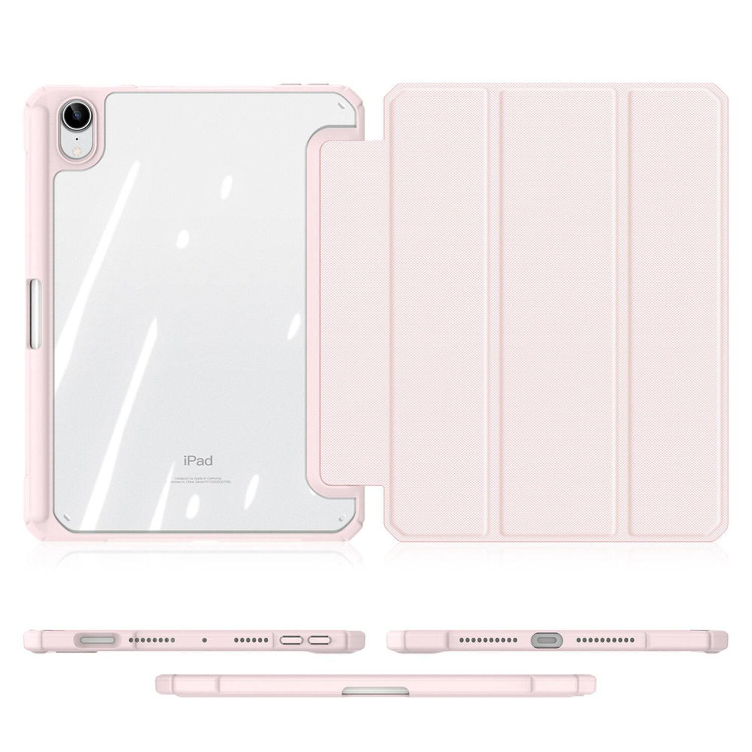 Rosa iPad-Hülle mit durchsichtigem Rücken und Klappdeckel. Weißer Hintergrund.